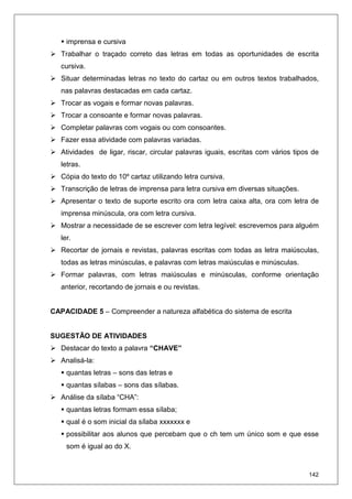 142
imprensa e cursiva
Trabalhar o traçado correto das letras em todas as oportunidades de escrita
cursiva.
Situar determinadas letras no texto do cartaz ou em outros textos trabalhados,
nas palavras destacadas em cada cartaz.
Trocar as vogais e formar novas palavras.
Trocar a consoante e formar novas palavras.
Completar palavras com vogais ou com consoantes.
Fazer essa atividade com palavras variadas.
Atividades de ligar, riscar, circular palavras iguais, escritas com vários tipos de
letras.
Cópia do texto do 10º cartaz utilizando letra cursiva.
Transcrição de letras de imprensa para letra cursiva em diversas situações.
Apresentar o texto de suporte escrito ora com letra caixa alta, ora com letra de
imprensa minúscula, ora com letra cursiva.
Mostrar a necessidade de se escrever com letra legível: escrevemos para alguém
ler.
Recortar de jornais e revistas, palavras escritas com todas as letra maiúsculas,
todas as letras minúsculas, e palavras com letras maiúsculas e minúsculas.
Formar palavras, com letras maiúsculas e minúsculas, conforme orientação
anterior, recortando de jornais e ou revistas.
CAPACIDADE 5 – Compreender a natureza alfabética do sistema de escrita
SUGESTÃO DE ATIVIDADES
Destacar do texto a palavra “CHAVE”
Analisá-la:
quantas letras – sons das letras e
quantas sílabas – sons das sílabas.
Análise da sílaba “CHA”:
quantas letras formam essa sílaba;
qual é o som inicial da sílaba xxxxxxx e
possibilitar aos alunos que percebam que o ch tem um único som e que esse
som é igual ao do X.
 
