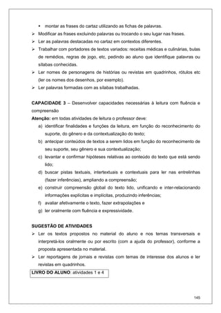 145
montar as frases do cartaz utilizando as fichas de palavras.
Modificar as frases excluindo palavras ou trocando o seu lugar nas frases.
Ler as palavras destacadas no cartaz em contextos diferentes.
Trabalhar com portadores de textos variados: receitas médicas e culinárias, bulas
de remédios, regras de jogo, etc, pedindo ao aluno que identifique palavras ou
sílabas conhecidas.
Ler nomes de personagens de histórias ou revistas em quadrinhos, rótulos etc
(ler os nomes dos desenhos, por exemplo).
Ler palavras formadas com as sílabas trabalhadas.
CAPACIDADE 3 – Desenvolver capacidades necessárias à leitura com fluência e
compreensão
Atenção: em todas atividades de leitura o professor deve:
a) identificar finalidades e funções da leitura, em função do reconhecimento do
suporte, do gênero e da contextualização do texto;
b) antecipar conteúdos de textos a serem lidos em função do reconhecimento de
seu suporte, seu gênero e sua contextualização;
c) levantar e confirmar hipóteses relativas ao conteúdo do texto que está sendo
lido;
d) buscar pistas textuais, intertextuais e contextuais para ler nas entrelinhas
(fazer inferências), ampliando a compreensão;
e) construir compreensão global do texto lido, unificando e inter-relacionando
informações explícitas e implícitas, produzindo inferências;
f) avaliar afetivamente o texto, fazer extrapolações e
g) ler oralmente com fluência e expressividade.
SUGESTÃO DE ATIVIDADES
Ler os textos propostos no material do aluno e nos temas transversais e
interpretá-los oralmente ou por escrito (com a ajuda do professor), conforme a
proposta apresentada no material.
Ler reportagens de jornais e revistas com temas de interesse dos alunos e ler
revistas em quadrinhos.
LIVRO DO ALUNO: atividades 1 e 4
 