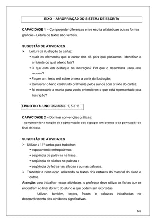 149
EIXO – APROPRIAÇÃO DO SISTEMA DE ESCRITA
CAPACIDADE 1 – Compreender diferenças entre escrita alfabética e outras formas
gráficas - Leitura de textos não verbais.
SUGESTÃO DE ATIVIDADES
Leitura da ilustração do cartaz:
quais os elementos que o cartaz nos dá para que possamos identificar o
ambiente do qual o texto fala?
O que está em destaque na ilustração? Por que o desenhista usou este
recurso?
Façam um texto oral sobre o tema a partir da ilustração;
Comparar o texto construído oralmente pelos alunos com o texto do cartaz;
foi necessário a escrita para vocês entenderem o que está representado pela
ilustração?
LIVRO DO ALUNO: atividades 1, 5 e 15
CAPACIDADE 2 – Dominar convenções gráficas:
- compreender a função de segmentação dos espaços em branco e da pontuação de
final de frase.
SUGESTÃO DE ATIVIDADES
Utilizar o 11º cartaz para trabalhar:
espaçamento entre palavras;
seqüência de palavras na frase;
seqüência de sílabas na palavra e
seqüência de letras nas sílabas e ou nas palavras.
Trabalhar a pontuação, utilizando os textos dos cartazes do material do aluno e
outros.
Atenção: para trabalhar essas atividades, o professor deve utilizar as fichas que se
encontram no final do livro do aluno e que podem ser recortadas.
Utilizar, também, textos, frases e palavras trabalhadas no
desenvolvimento das atividades significativas.
 