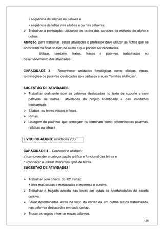 158
seqüência de sílabas na palavra e
seqüência de letras nas sílabas e ou nas palavras.
Trabalhar a pontuação, utilizando os textos dos cartazes do material do aluno e
outros.
Atenção: para trabalhar essas atividades o professor deve utilizar as fichas que se
encontram no final do livro do aluno e que podem ser recortadas.
Utilizar, também, textos, frases e palavras trabalhadas no
desenvolvimento das atividades.
CAPACIDADE 3 – Reconhecer unidades fonológicas como sílabas, rimas,
terminações de palavras destacadas nos cartazes e suas “famílias silábicas”.
SUGESTÃO DE ATIVIDADES
Trabalhar oralmente com as palavras destacadas no texto de suporte e com
palavras de outras atividades do projeto Identidade e das atividades
transversais.
Sílabas ou letras iniciais e finais.
Rimas.
Listagem de palavras que começam ou terminam como determinadas palavras.
(sílabas ou letras).
LIVRO DO ALUNO: atividades 20C
CAPACIDADE 4 – Conhecer o alfabeto:
a) compreender a categorização gráfica e funcional das letras e
b) conhecer e utilizar diferentes tipos de letras.
SUGESTÃO DE ATIVIDADES
Trabalhar com o texto do 12º cartaz:
letra maiúsculas e minúsculas e imprensa e cursiva.
Trabalhar o traçado correto das letras em todas as oportunidades de escrita
cursiva.
Situar determinadas letras no texto do cartaz ou em outros textos trabalhados,
nas palavras destacadas em cada cartaz.
Trocar as vogais e formar novas palavras.
 