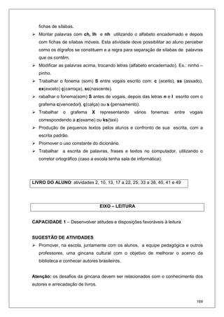169
fichas de sílabas.
Montar palavras com ch, lh e nh utilizando o alfabeto encadernado e depois
com fichas de sílabas móveis. Esta atividade deve possibilitar ao aluno perceber
como os dígrafos se constituem e a regra para separação de sílabas de palavras
que os contêm.
Modificar as palavras acima, trocando letras (alfabeto encadernado). Ex.: ninho –
pinho.
Trabalhar o fonema (som) S entre vogais escrito com: c (aceito), ss (assado),
ex(exceto) ç(carroça), sc(nascente).
rabalhar o fonema(som) S antes de vogais, depois das letras n e l escrito com o
grafema c(vencedor), ç(calça) ou s (pensamento).
Trabalhar o grafema X representando vários fonemas: entre vogais
correspondendo a z(exame) ou ks(taxi)
Produção de pequenos textos pelos alunos e confronto de sua escrita, com a
escrita padrão.
Promover o uso constante do dicionário.
Trabalhar a escrita de palavras, frases e textos no computador, utilizando o
corretor ortográfico (caso a escola tenha sala de informática).
LIVRO DO ALUNO: atividades 2, 10, 13, 17 a 22, 25, 33 a 38, 40, 41 e 49
EIXO – LEITURA
CAPACIDADE 1 – Desenvolver atitudes e disposições favoráveis à leitura
SUGESTÃO DE ATIVIDADES
Promover, na escola, juntamente com os alunos, a equipe pedagógica e outros
professores, uma gincana cultural com o objetivo de melhorar o acervo da
biblioteca e conhecer autores brasileiros.
Atenção: os desafios da gincana devem ser relacionados com o conhecimento dos
autores e arrecadação de livros.
 