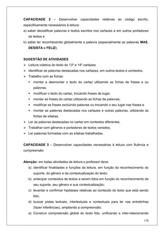 170
CAPACIDADE 2 – Desenvolver capacidades relativas ao código escrito,
especificamente necessários à leitura:
a) saber decodificar palavras e textos escritos nos cartazes e em outros portadores
de textos e
b) saber ler reconhecendo globalmente a palavra (especialmente as palavras MAS,
DESISTA e FELIZ).
SUGESTÃO DE ATIVIDADES
Leitura coletiva do texto do 13º e 14º cartazes
Identificar as palavras destacadas nos cartazes, em outros textos e contextos.
Trabalho com as fichas:
montar e desmontar o texto do cartaz utilizando as fichas de frases e ou
palavras;
modificar o texto do cartaz, trocando frases de lugar,
montar as frases do cartaz utilizando as fichas de palavras;
modificar as frases excluindo palavras ou trocando o seu lugar nas frases e
montar as palavras destacadas nos cartazes e outras palavras, utilizando as
fichas de sílabas.
Ler as palavras destacadas no cartaz em contextos diferentes.
Trabalhar com gêneros e portadores de textos variados.
Ler palavras formadas com as sílabas trabalhadas.
CAPACIDADE 3 – Desenvolver capacidades necessárias à leitura com fluência e
compreensão
Atenção: em todas atividades de leitura o professor deve:
a) identificar finalidades e funções da leitura, em função do reconhecimento do
suporte, do gênero e da contextualização do texto;
b) antecipar conteúdos de textos a serem lidos em função do reconhecimento de
seu suporte, seu gênero e sua contextualização;
c) levantar e confirmar hipóteses relativas ao conteúdo do texto que está sendo
lido;
d) buscar pistas textuais, intertextuais e contextuais para ler nas entrelinhas
(fazer inferências), ampliando a compreensão;
e) Construir compreensão global do texto lido, unificando e inter-relacionando
 