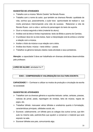33
SUGESTÃO DE ATIVIDADES
Trabalho com a música “Monte Castelo” de Renato Russo.
Trabalho com o nome do autor, que também se chamava Renato: qualidade de
vida, sonhos que, possivelmente, o autor teve oportunidade de realizar e sua
morte prematura interrompendo uma vida de sucesso. Relacionar a vida de
Renato Russo com a vida e sonhos do personagem do texto de suporte.
Ouvir a música seguindo a letra (material do aluno).
Análise oral da letra e fontes inspiradoras: texto da Bíblia e poema de Camões.
O professor deve ler os dois textos, fazer a interpretação oral de ambos e orientar
a relação com a música.
Avaliar o título da música e sua relação com a letra.
Análise dos títulos: música – texto bíblico – poesia
Trabalhar os gêneros textuais citados nesta atividade e seus portadores.
Atenção: a capacidade 5 deve ser trabalhada em diversas atividades desenvolvidas
pelo professor.
EIXO – COMPREENSÃO E VALORIZAÇÃO DA CULTURA ESCRITA
CAPACIDADE 1 – Conhecer e utilizar os modos de produção e circulação da escrita
na sociedade
SUGESTÃO DE ATIVIDADES
Trabalhar com os diversos gêneros e suportes textuais: cartas, cartazes, poesias,
notícias de jornal, piada, reportagem de revistas, letra de música, regras de
jogos, etc.
Trabalhar bilhete: manusear vários bilhetes e analisá-los quanto à formatação,
características principais, utilidades social, etc.
Escrever, coletivamente, um bilhete para os colegas dos outros turnos, que têm
aula na mesma sala, pedindo-lhes que ajudem a conservar o material que será
exposto na sala.
Escrever bilhetes aos pais, comunicando algo.
LIVRO DO ALUNO: atividade 6 e 7
 