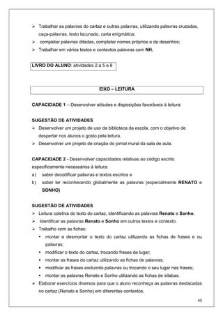 40
Trabalhar as palavras do cartaz e outras palavras, utilizando palavras cruzadas,
caça-palavras, texto lacunado, carta enigmática;
completar palavras ditadas, completar nomes próprios e de desenhos;
Trabalhar em vários textos e contextos palavras com NH.
LIVRO DO ALUNO: atividades 2 a 5 e 8
EIXO – LEITURA
CAPACIDADE 1 – Desenvolver atitudes e disposições favoráveis à leitura:
SUGESTÃO DE ATIVIDADES
Desenvolver um projeto de uso da biblioteca da escola, com o objetivo de
despertar nos alunos o gosto pela leitura.
Desenvolver um projeto de criação do jornal mural da sala de aula.
CAPACIDADE 2 - Desenvolver capacidades relativas ao código escrito
especificamente necessários à leitura:
a) saber decodificar palavras e textos escritos e
b) saber ler reconhecendo globalmente as palavras (especialmente RENATO e
SONHO)
SUGESTÃO DE ATIVIDADES
Leitura coletiva do texto do cartaz, identificando as palavras Renato e Sonho.
Identificar as palavras Renato e Sonho em outros textos e contexto.
Trabalho com as fichas:
montar e desmontar o texto do cartaz utilizando as fichas de frases e ou
palavras;
modificar o texto do cartaz, trocando frases de lugar;
montar as frases do cartaz utilizando as fichas de palavras;
modificar as frases excluindo palavras ou trocando o seu lugar nas frases;
montar as palavras Renato e Sonho utilizando as fichas de sílabas.
Elaborar exercícios diversos para que o aluno reconheça as palavras destacadas
no cartaz (Renato e Sonho) em diferentes contextos.
 