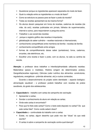 42
Questionar porque os ingredientes aparecem separados do modo de fazer.
Qual é a relação entre os ingredientes e o modo de fazer?
Como se estrutura os passos para se fazer o prato da receita?
Todas as receitas apresentam-se da mesma forma?
Os alunos devem pesquisar em livros de receitas, cadernos de receitas (da
mãe, da avó), receitas publicadas em jornais, folhetos de supermercados,
internet e outros, para responderem a pergunta acima.
Trabalhar o uso social das receitas:
porque o registro gráfico das receitas é importante;
globalização do saber culinário – receitas nacionais e internacionais;
conhecimento compartilhado entre membros da família - receitas de família
conhecimento compartilhado entre amigos
formas de compartilhamento desse saber (portadores): livros, cadernos,
encartes, site eletrônicos, etc.
Escolher uma receita e fazer o prato, com os alunos, na sala ou cantina da
escola.
Atenção: o professor deve trabalhar a interdisciplinaridade utilizando receitas:
Matemática (pesos e medidas), História (origem de determinados pratos),
Geografia(receitas regionais), Ciências (valor nutritivo dos alimentos: construtores,
reguladores, energéticos - pirâmide alimentar, etc) e outros conteúdos.
Durante o desenvolvimento do projeto sobre identidade – aspecto biológico:
alimentação saudável - o professor poderá trabalhar com receitas de pratos
saudáveis, do gosto dos adolescentes.
Capacidade b – trabalho com cartaz de campanha de vacinação
Apresentar o cartaz.
Sondar o conhecimento do aluno em relação ao cartaz.
Onde este cartaz é encontrado?
Para que foi feito este cartaz? Como o texto está disposto no cartaz? De que
este cartaz fala? Como vocês sabem disso?
Capacidade c – continuidade do trabalho com o cartaz
Existe, no cartaz, algum desenho que pode nos dar “dicas” do que está
escrito?
O cartaz é sobre a campanha de vacinação contra qual doença?
 