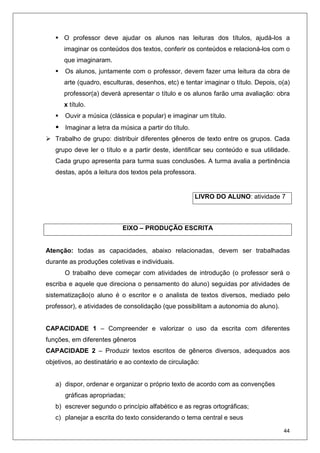 44
O professor deve ajudar os alunos nas leituras dos títulos, ajudá-los a
imaginar os conteúdos dos textos, conferir os conteúdos e relacioná-los com o
que imaginaram.
Os alunos, juntamente com o professor, devem fazer uma leitura da obra de
arte (quadro, esculturas, desenhos, etc) e tentar imaginar o título. Depois, o(a)
professor(a) deverá apresentar o título e os alunos farão uma avaliação: obra
x título.
Ouvir a música (clássica e popular) e imaginar um título.
Imaginar a letra da música a partir do título.
Trabalho de grupo: distribuir diferentes gêneros de texto entre os grupos. Cada
grupo deve ler o título e a partir deste, identificar seu conteúdo e sua utilidade.
Cada grupo apresenta para turma suas conclusões. A turma avalia a pertinência
destas, após a leitura dos textos pela professora.
EIXO – PRODUÇÃO ESCRITA
Atenção: todas as capacidades, abaixo relacionadas, devem ser trabalhadas
durante as produções coletivas e individuais.
O trabalho deve começar com atividades de introdução (o professor será o
escriba e aquele que direciona o pensamento do aluno) seguidas por atividades de
sistematização(o aluno é o escritor e o analista de textos diversos, mediado pelo
professor), e atividades de consolidação (que possibilitam a autonomia do aluno).
CAPACIDADE 1 – Compreender e valorizar o uso da escrita com diferentes
funções, em diferentes gêneros
CAPACIDADE 2 – Produzir textos escritos de gêneros diversos, adequados aos
objetivos, ao destinatário e ao contexto de circulação:
a) dispor, ordenar e organizar o próprio texto de acordo com as convenções
gráficas apropriadas;
b) escrever segundo o princípio alfabético e as regras ortográficas;
c) planejar a escrita do texto considerando o tema central e seus
LIVRO DO ALUNO: atividade 7
 