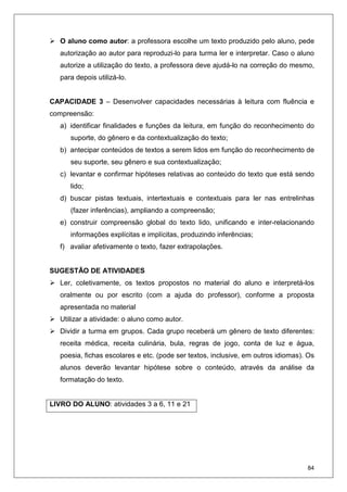 84
O aluno como autor: a professora escolhe um texto produzido pelo aluno, pede
autorização ao autor para reproduzi-lo para turma ler e interpretar. Caso o aluno
autorize a utilização do texto, a professora deve ajudá-lo na correção do mesmo,
para depois utilizá-lo.
CAPACIDADE 3 – Desenvolver capacidades necessárias à leitura com fluência e
compreensão:
a) identificar finalidades e funções da leitura, em função do reconhecimento do
suporte, do gênero e da contextualização do texto;
b) antecipar conteúdos de textos a serem lidos em função do reconhecimento de
seu suporte, seu gênero e sua contextualização;
c) levantar e confirmar hipóteses relativas ao conteúdo do texto que está sendo
lido;
d) buscar pistas textuais, intertextuais e contextuais para ler nas entrelinhas
(fazer inferências), ampliando a compreensão;
e) construir compreensão global do texto lido, unificando e inter-relacionando
informações explícitas e implícitas, produzindo inferências;
f) avaliar afetivamente o texto, fazer extrapolações.
SUGESTÃO DE ATIVIDADES
Ler, coletivamente, os textos propostos no material do aluno e interpretá-los
oralmente ou por escrito (com a ajuda do professor), conforme a proposta
apresentada no material
Utilizar a atividade: o aluno como autor.
Dividir a turma em grupos. Cada grupo receberá um gênero de texto diferentes:
receita médica, receita culinária, bula, regras de jogo, conta de luz e água,
poesia, fichas escolares e etc. (pode ser textos, inclusive, em outros idiomas). Os
alunos deverão levantar hipótese sobre o conteúdo, através da análise da
formatação do texto.
LIVRO DO ALUNO: atividades 3 a 6, 11 e 21
 