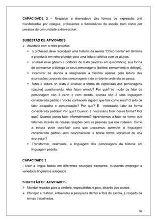 99
CAPACIDADE 2 – Respeitar a diversidade das formas de expressão oral
manifestadas por colegas, professores e funcionários da escola, bem como por
pessoas da comunidade extra-escolar.
SUGESTÃO DE ATIVIDADES
Atividade com o retro-projetor:
o professor deve reproduzir uma história da revista “Chico Bento” em lâminas
e projetá-la em retro-projetor para uma leitura coletiva com os alunos;
analisar esse gênero e portador de texto (revistas em quadrinhos), sua forma
de apresentar o diálogo de seus personagens (balões: pensamento e diálogo).
incentivar os alunos a imaginarem a história apenas pela leitura das
expressões corporais dos personagens e do ambiente onde ela se passa;
fazer a leitura do texto e analisar a forma de expressão dos personagens
(caipira) questionando: eles falam errado? Por que? (o modo de falar do
personagem não é certo e nem errado, apenas não é uma linguagem
considerada padrão). Vocês conhecem alguém que fala como eles? O jeito de
falar atrapalha a comunicação? Por que? É necessário falar da forma
considerada padrão? Por que? Quando é necessário falar dessa forma? Por
que? Quando posso falar informalmente? Aprendemos a falar da forma que
falamos através de nossas relações com as pessoas que nos rodeiam. Como
a escola pode contribuir para que possamos aprender a linguagem
considerada padrão sem desconsiderar a nossa forma individual de nos
expressar?
Transformar, oralmente, a linguagem dos personagens da história em
linguagem padrão.
CAPACIDADE 3
- Usar a língua falada em diferentes situações escolares, buscando empregar a
variedade lingüística adequada.
SUGESTÃO DE ATIVIDADES
Mandar recados para a diretora, especialistas e pais, através dos alunos.
Planejar e realizar, entrevistas e pesquisas dentro e fora da escola, a respeito de
temas trabalhados.
 