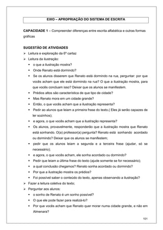 101
EIXO – APROPRIAÇÃO DO SISTEMA DE ESCRITA
CAPACIDADE 1 – Compreender diferenças entre escrita alfabética e outras formas
gráficas
SUGESTÃO DE ATIVIDADES
Leitura e exploração da 6º cartaz
Leitura da ilustração:
o que a ilustração mostra?
Onde Renato está dormindo?
Se os alunos disserem que Renato está dormindo na rua, perguntar: por que
vocês acham que ele está dormindo na rua? O que a ilustração mostra, para
que vocês concluam isso? Deixar que os alunos se manifestem.
Prédios altos são característica de que tipo de cidade?
Mas Renato mora em um cidade grande?
Então, o que vocês acham que a ilustração representa?
Pedir ao alunos que leiam a primeira frase do texto.( Eles já serão capazes de
ler sozinhos);
e agora, o que vocês acham que a ilustração representa?
Os alunos, provavelmente, responderão que a ilustração mostra que Renato
está sonhando. O(a) professor(a) pergunta? Renato está sonhando acordado
ou dormindo? Deixar que os alunos se manifestem;
pedir que os alunos leiam a segunda e a terceira frase (ajudar, só se
necessário);
e agora, o que vocês acham, ele sonha acordado ou dormindo?
Pedir que leiam a última frase do texto (ajude somente se for necessário);
a qual conclusão chegamos? Renato sonha acordado ou dormindo?
Por que a ilustração mostra os prédios?
Foi possível saber o conteúdo do texto, apenas observando a ilustração?
Fazer a leitura coletiva do texto;
Perguntar aos alunos:
o sonho de Renato é um sonho possível?
O que ele pode fazer para realizá-lo?
Por que vocês acham que Renato quer morar numa cidade grande, e não em
Almenara?
 