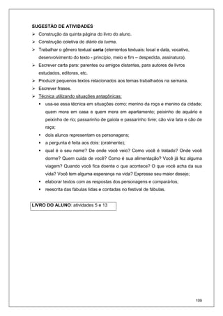 109
SUGESTÃO DE ATIVIDADES
Construção da quinta página do livro do aluno.
Construção coletiva do diário da turma.
Trabalhar o gênero textual carta (elementos textuais: local e data, vocativo,
desenvolvimento do texto - princípio, meio e fim – despedida, assinatura).
Escrever carta para: parentes ou amigos distantes, para autores de livros
estudados, editoras, etc.
Produzir pequenos textos relacionados aos temas trabalhados na semana.
Escrever frases.
Técnica utilizando situações antagônicas:
usa-se essa técnica em situações como: menino da roça e menino da cidade;
quem mora em casa e quem mora em apartamento; peixinho de aquário e
peixinho de rio; passarinho de gaiola e passarinho livre; cão vira lata e cão de
raça;
dois alunos representam os personagens;
a pergunta é feita aos dois: (oralmente);
qual é o seu nome? De onde você veio? Como você é tratado? Onde você
dorme? Quem cuida de você? Como é sua alimentação? Você já fez alguma
viagem? Quando você fica doente o que acontece? O que você acha da sua
vida? Você tem alguma esperança na vida? Expresse seu maior desejo;
elaborar textos com as respostas dos personagens e compará-los;
reescrita das fábulas lidas e contadas no festival de fábulas.
LIVRO DO ALUNO: atividades 5 e 13
 