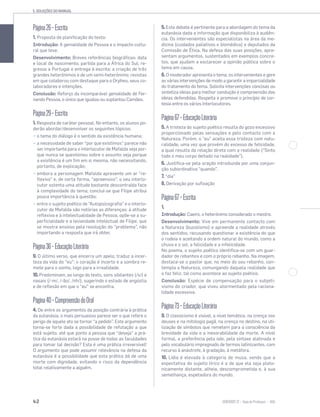 5. SOLUÇÕES DO MANUAL
42 SENTIDOS 12
Página26–Escrita
1. Proposta de planificação do texto:
Introdução: A genialidade de Pessoa e o impacto cultu-
ral que teve.
Desenvolvimento: Breves referências biográficas: data
e local de nascimento; partida para a África do Sul; re-
gresso a Portugal e entrega à escrita; a criação de três
grandes heterónimos e de um semi-heterónimo; revistas
em que colaborou com destaque para o Orpheu, seus co-
laboradores e intenções.
Conclusão: Reforço da incomparável genialidade de Fer-
nando Pessoa, o único que igualou ou suplantou Camões.
Página29–Escrita
1. Resposta de caráter pessoal. No entanto, os alunos po-
derão abordar/desenvolver os seguintes tópicos:
− o tema do diálogo é o sentido da existência humana;
− a necessidade de saber “por que existimos” parece não
ser importante para o interlocutor de Mafalda seja por-
que nunca se questionou sobre o assunto seja porque
a existência é um fim em si mesma, não necessitando,
portanto, de explicação;
− embora a personagem Mafalda apresente um ar “re-
flexivo” e, de certa forma, “apreensivo”, o seu interlo-
cutor ostenta uma atitude bastante descontraída face
à complexidade do tema; conclui-se que Filipe atribui
pouca importância à questão;
− entre o sujeito poético de “Autopsicografia” e o interlo-
cutor de Mafalda são notórias as diferenças: à atitude
reflexiva e à intelectualidade de Pessoa, opõe-se a su-
perficialidade e a leviandade intelectual de Filipe, que
se mostra ansioso pela resolução do “problema”, não
importando a resposta que irá obter.
Página36–EducaçãoLiterária
9. O último verso, que encerra um apelo, traduz a incer-
teza da vida do “eu”: o coração é incerto e a sombra re-
mete para o sonho, logo para a irrealidade.
10. Predominam, ao longo do texto, sons sibilantes (/s/) e
nasais (/-m/, /-ão/, /nh/), sugerindo o estado de angústia
e de reflexão em que o “eu” se encontra.
Página40–CompreensãodoOral
4. De entre os argumentos da posição contrária à prática
da eutanásia, o mais persuasivo parece ser o que refere o
perigo de aquele ato se tornar “a pedido”. Este argumento
torna-se forte dada a possibilidade de refutação a que
está sujeito: até que ponto a pessoa que “deseja” a prá-
tica da eutanásia estará na posse de todas as faculdades
para tomar tal decisão? Esta é uma prática irreversível!
O argumento que pode assumir relevância na defesa da
eutanásia é a possibilidade que esta prática dá de uma
morte com dignidade, evitando o risco da dependência
total relativamente a alguém.
5. Este debate é pertinente para a abordagem do tema da
eutanásia dada a informação que disponibiliza à audiên-
cia. Os intervenientes são especialistas na área da me-
dicina (cuidados paliativos e biomédica) e deputados da
Comissão de Ética. Na defesa das suas posições, apre-
sentam argumentos, sustentados em exemplos concre-
tos, que ajudam a esclarecer a opinião pública sobre o
tema em causa.
6. O moderador apresenta o tema, os intervenientes e gere
as várias intervenções de modo a garantir a imparcialidade
do tratamento do tema. Solicita intervenções concisas ou
sintetiza ideias para melhor condução e compreensão das
ideias defendidas. Respeita e promove o princípio de cor-
tesia entre os vários interlocutores.
Página67–EducaçãoLiterária
5. A tristeza do sujeito poético resulta do gozo excessivo
proporcionado pelas sensações e pelo contacto com a
Natureza. Porém, o “eu” aceita essa tristeza com natu-
ralidade, uma vez que provém do excesso de felicidade,
a qual resulta da relação direta com a realidade (“Sinto
todo o meu corpo deitado na realidade”).
6. Justifica-se pela oração introduzida por uma conjun-
ção subordinativa “quando”.
7. “dia”
8. Derivação por sufixação
Página67–Escrita
1.
Introdução: Caeiro, o heterónimo considerado o mestre.
Desenvolvimento: Vive em permanente contacto com
a Natureza (bucolismo) e apreende a realidade através
dos sentidos, recusando questionar a existência do que
o rodeia e aceitando a ordem natural do mundo, como a
chuva e o sol, a felicidade e a infelicidade.
No poema, o sujeito poético identifica-se com um guar-
dador de rebanhos e com o próprio rebanho. Na imagem,
destaca-se o pastor que, no meio do seu rebanho, con-
templa a Natureza, comungando daquela realidade que
o faz feliz, tal como acontece ao sujeito poético.
Conclusão: Espécie de compensação para o subjeti-
vismo do criador, que viveu atormentado pela raciona-
lidade excessiva.
Página73−EducaçãoLiterária
9. O classicismo é visível, a nível temático, na crença nos
deuses e na mitologia pagã, na crença no destino, na uti-
lização de símbolos que remetem para a consciência da
brevidade da vida e a inexorabilidade da morte. A nível
formal, a preferência pela ode, pela sintaxe alatinada e
pelo vocabulário impregnado de termos latinizantes, com
recurso à anástrofe, à gradação, à metáfora.
10. Lídia é elevada à categoria de musa, sendo que a
expectativa do sujeito lírico é a de que ela seja plato-
nicamente distante, alheia, descomprometida e, à sua
semelhança, espetadora do mundo.
 