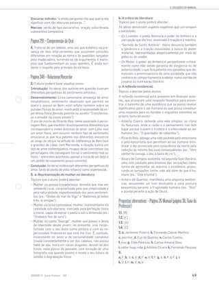 5. SOLUÇÕES DO MANUAL
49SENTIDOS 12
Discurso indireto: “e então perguntei-lhe que queria ele
significar com tão obscuras palavras…”.
Marcas: verbo de tipo declarativo, oração subordinada
substantiva completiva.
Página291−CompreensãodoOral
4. Trata-se de um debate, uma vez que estamos na pre-
sença de dois intervenientes que assumem posições
diferentes em relação ao tema e às questões lançadas
pela moderadora, servindo-se de argumentos e exem-
plos que fundamentam as suas opiniões. É ainda evi-
dente o respeito pelo princípio da cortesia.
Página346–Relacionar/Recordar
2. O aluno poderá focar aspetos como:
Introdução: As obras dos autores em questão ilustram
diferentes perspetivas do sentimento amoroso.
Desenvolvimento: Lírica camoniana: presença do amor
neoplatónico, sentimento idealizado que permite ao
poeta o acesso ao Bem; este reflete também sobre as
pulsões físicas do amor, mostrando a necessidade da ex-
periência física (tensão patente no soneto “Transforma-
se o amador na cousa amada”);
O ano da morte de Ricardo Reis: tema associado à perso-
nagem Reis, que mantém relacionamentos diferentes que
correspondem a visões distintas do amor: com Lídia, vive
um amor físico, sem assumir nenhum tipo de sentimento
emocional (o que fica patente nos diferentes encontros
ao longo da obra e na atitude de indiferença de Reis face
à gravidez de Lídia); com Marcenda, a relação ilustra um
tipo de amor contemplativo, incapaz de se concretizar (as
personagens não conseguem tornar o sentimento real ou
físico – entre eles aconteceu apenas a troca de um beijo e
um pedido de casamento pouco convicto).
Conclusão: As obras evidenciam diferentes perspetivas do
amor, tanto do ponto de vista reflexivo como experiencial.
3. a. Representação da mulher na literatura
Tópicos que o aluno poderá abordar:
− Mulher na poesia trovadoresca: donzela que vive em
ambiente rural, caracterizada pela sua simplicidade e
pela naturalidade, espontaneidade dos seus sentimen-
tos (ex.: “Ondas do mar de Vigo” e “Bailemos já todas
três, ai amigas”).
− Mulher na lírica camoniana: mulher, representante da
realidade extraterrena, marcada pela perfeição física
e moral, capaz de elevar o poeta a outra dimensão (ex.:
“Ondados fios de ouro”).
− Mulher no conto “George”: mulher que possui a ânsia
de liberdade desde jovem; no presente, vive recon-
fortada com o seu êxito como pintora e com as re-
percussões financeiras que este lhe traz. É, contudo,
inconstante no amor e de personalidade complexa
(muda constantemente a cor dos cabelos, não possui
nada de seu, mora em casas alugadas, desfaz-se dos
livros; nada possui do passado, com exceção de uma
fotografia sua quando jovem) e receia o seu futuro de
solidão e degradação física.
b. A crítica da literatura
Tópicos que o aluno poderá abordar:
As obras denunciam aspetos negativos que corrompem
a sociedade:
− Os Lusíadas: o poeta denuncia o poder do dinheiro e a
corrupção que ele traz, associada à traição e à mentira.
− “Sermão de Santo António”: Vieira denuncia também
a ganância e a traição associadas à busca do poder
material, representadas alegoricamente por meio do
polvo ou do voador.
− Os Maias: o poder do dinheiro é perspetivado critica-
mente como não sendo garantia de elegância ou de
autenticidade, o que fica patente nos episódios que de-
nunciam o provincianismo de uma sociedade que não
conhece os comportamentos a adotar numa corrida de
cavalos ou num sarau literário.
c. A reflexão existencial.
Tópicos a abordar pelos alunos:
A reflexão existencial está presente em diversos auto-
res, que procuram uma resposta filosófica para encon-
trar o caminho de uma existência que se possa revelar
significativo para o ser humano ou que possa constituir
uma resposta para as dúvidas e angústias inerentes ao
próprio facto de existir:
− Alberto Caeiro: defende uma vida simples, ao ritmo
da Natureza, onde a razão e o pensamento não têm
lugar porque trazem a tristeza e a infelicidade ao ser
humano (ex.: “O guardador de rebanhos”).
− Ricardo Reis: advoga uma vida pautada pelo estoicismo
e pelo epicurismo que permitem ao ser humano mini-
mizar a dor provocada pela consciência da morte pela
redução ao mínimo das suas consequências (ex.: “Vem
sentar-te comigo, Lídia, à beira do rio”).
− Álvaro de Campos: sustenta, na segunda fase literária,
uma vida pautada pelo excesso das sensações como
forma de aproveitar ao máximo a existência, procu-
rando as sensações limite, indo até além do que é hu-
mano (ex.: “Ode triunfal”).
− Antero de Quental: manifesta uma angústia existen-
cial, assumindo um tom desiludido e uma postura
pessimista perante a fragilidade humana (ex.: “Nox”
e dúvida perante a ação de Deus).
Propostas alternativas – Página 26 Manual (página 36, Guia do
Professor)
1.1. [B]
1.2. [C]
1.3. [A]
1.4. [C]
2. a. Jerónimo Pizarro; b. Fernando Cabral Martins;
c. escritor; d. Eça de Queirós; e. Carlos Coelho;
f. eus; g. Inês Pedrosa; h. Carlos Amaral Dias;
i. valter hugo mãe; j. António Cícero; k. Fernando Pessoas
3.
a. F; b. V; c. V; d. F; e. V; f. F; g. V; h. F; i. F; j. V
k. V; l. F; m. V; n. V
 
