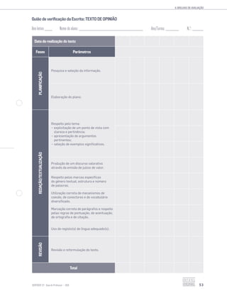 6.GRELHAS DE AVALIAÇÃO
53SENTIDOS 12
Guião de verificação da Escrita: TEXTO DE OPINIÃO
Ano letivo _______ Nome do aluno: __________________________________________________________ Ano/Turma: ____________ N.o
: __________
Data de realização do texto
Fases Parâmetros
PLANIFICAÇÃO
Pesquisa e seleção da informação.
Elaboração do plano.
REDAÇÃO/TEXTUALIZAÇÃO
Respeito pelo tema:
− explicitação de um ponto de vista com
clareza e pertinência;
− apresentação de argumentos
pertinentes;
− seleção de exemplos significativos.
Produção de um discurso valorativo
através da emisão de juízos de valor.
Respeito pelas marcas específicas
do género textual, estrutura e número
de palavras.
Utilização correta de mecanismos de
coesão, de conectores e de vocabulário
diversificado.
Marcação correta de parágrafos e respeito
pelas regras de pontuação, de acentuação,
de ortografia e de citação.
Uso de registo(s) de língua adequado(s).
REVISÃO
Revisão e reformulação do texto.
Total
 