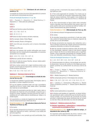 121
ASA•Ciência&Vida7•GuiadoProfessor
Ficha Formativa n.o 19 – Simulacro de um sismo na
escola (p. 74)
A avaliação do simulacro de sismo está dependente do contexto
de cada escola e da prestação dos alunos.
Ficha de Avaliação Sumativa n.o 4 (p. 76)
1.1 1 – Tsunami; 2 – Epicentro; 3 – Onda Sísmica; 4 –
Hipocentro; 5 – Falha (Zona de subducção).
1.2.1. A.
1.2.2. B.
1.3 Placa da Carolina e placa Australiana.
1.4 1 – C; 2 – B; 3 – D; 4 – A.
1.5 A – B – D – E – C.
1.6 Perdas de vidas humanas e de bens materiais.
2.1 Por exemplo, Salão e Pedro Miguel.
2.2 Por exemplo, Rosais e Almagreira.
2.3 É uma linha que une pontos com a mesma intensidade
sísmica.
2.4 Escala de Mercalli.
2.5 Como nos oceanos não existem ediﬁcações para serem
destruídas nem há o testemunho de populações, as isossistas
apresentam-se a tracejado.
3.1 A – V; B – F; C – V; D – F; E – V; F – V.
3.2 Mortes e perdas de bens materiais.
4.1 Zona em volta do oceano Pacíﬁco, dorsais médio-oceâni-
cas e faixa mediterrânica.
4.2 Como muitos sismos tem origem tectónica existe uma
grande concentração de hipocentros sísmicos na zona dos
limites de placas tectónicas.
5. A – F; B – V; C – F; D – V; E – V; F – F.
Subtema 4 – Estrutura interna da Terra
Ficha Formativa n.o 20 – A tecnologia no estudo do inte-
rior da Terra (p. 82)
1. Através dos satélites é possível obter informações sobre a
gravidade e o campo magnético terrestre.
2. O uso de satélites possibilita medir com rigor a gravidade à
superfície da Terra e, assim, obter dados sobre a densidade
dos materiais em profundidade.
3. O estudo da gravimetria permite-nos obter dados sobre a
densidade dos materiais em profundidade, enquanto que o
estudo do campo magnético terrestre permite-nos inferir a
existência de um núcleo externo constituído por metais e no
estado líquido.
4. A gravimetria e o estudo do magnetismo são métodos indi-
retos de estudo da estrutura interna da Terra.
Ficha Formativa n.o 21 – Da estrutura interna da Terra à
Tectónica de Placas (p. 83)
1. No manto.
2. As elevadas temperaturas provocam o aumento da plasti-
cidade dos materiais do manto, e permitem a sua subida até
perto da superfície.
3. A astenosfera é uma camada que está semifundida. Este
estado permite o movimento das placas tectónicas rígidas
que estão por cima.
4. A Terra está organizada em camadas. É no manto que se
formam as correntes de convecção responsáveis pela mobili-
dade das placas tectónicas. Este aspeto é uma evidência da
relação existente entre a estrutura da Terra e a Tectónica de
Placas.
5. As ilhas representadas na ﬁgura estão todas alinhadas
sendo originadas pelo deslizamento das placas sobre um
ponto quente onde ocorre ascensão de material fundido, indi-
cando o deslocamento das placas tectónicas.
Ficha Formativa n.o 22 – Diferenciação da Terra (p. 84)
1. Os materiais estavam homogeneamente distribuídos.
2. No núcleo.
3. As elevadas temperaturas permitiram a fusão dos mate-
riais, sendo tal imprescindível para os materiais migrarem de
acordo com as suas densidades.
4. Energia proveniente dos impactos dos meteoritos com a
Terra e energia resultante das reações químicas de elementos
radioativos existentes no interior do nosso planeta.
5. Após ter ocorrido a fusão dos materiais, estes, de acordo com
as suas densidades, migraram, tendo os mais densos migrado
para o interior da Terra e os menos densos para a superfície,
ﬁcando a Terra organizada internamente em camadas concên-
tricas com diferentes características físicas e composicionais.
Ficha de Avaliação Sumativa n.o 5 (p. 85)
1. 1 – A; 2 – B; 3 – B; 4 – A; 5 – A; 6 – B; 7 – A; 8 – B.
2. O desenvolvimento da ciência e da tecnologia tem permiti-
do desenvolver técnicas de recolha de informação que possi-
bilitam aumentar do conhecimento da estrutura interna da
Terra.
3.1 1 – Crusta; 2 – Núcleo; 3 – Manto; 4 – Astenosfera; 5 –
Litosfera; 6 – Mesosfera; 7 – Endosfera Externa; 8 –
Endosfera Interna.
3.2 A – Modelo Geoquímico; B – Modelo Geofísico.
3.3 Na composição química e mineralógica das camadas.
3.4 A – F; B – V; C – F; D – V; E – V; F – F; G – V; H – F; I – V.
4.1 1 – Litosfera; 2 – Astenosfera e Mesosfera; 3 – Núcleo
Interno (Endosfera Interna); 4 – Núcleo Externo (Mesosfera
Externa).
4.2 A litosfera.
4.3 No manto (astenosfera e mesosfera).
4.4 A litosfera está dividida em fragmentos, as placas tectóni-
cas, que deslizam sobre a astenosfera que se encontra parcial-
mente fundida. Os movimentos de convecção do manto
permitem a deslocação das placas tectónicas que se formam
ao nível dos riftes e são destruídas nas zonas de subducção.
Subtema 5 – Dinâmica externa da Terra
5.1 Rochas magmáticas, sedimentares e metamórficas:
testemunhos da atividade da Terra
Ficha Formativa n.o 23 – Guião de saída de campo… à
descoberta das rochas (p. 90)
As respostas estão dependentes da visita a realizar e das
amostras de mão recolhidas e analisadas pelos alunos.
 