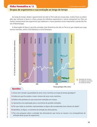 35
ASA•Ciência&Vida7•GuiadoProfessor
1. A Terra conta a sua história
Ao longo do tempo, desde o aparecimento da vida na Terra até aos nossos dias, muitas foram as altera-
ções que sofreram a fauna e a ﬂora, grupos de indivíduos apareceram e outros extinguiram-se. Para um
melhor conhecimento dos organismos que habitaram o nosso planeta é muito importante o estudo dos fós-
seis (Paleontologia).
A observação da ﬁgura 1 permite constatar este dinamismo da vida na Terra no que respeita aos orga-
nismos marinhos, entre o Pré-Câmbrico e a Era Cenozoica.
Ficha formativa n.o
1Ficha Formativa n.o
5
Grupos de organismos e sua evolução ao longo do tempo
Questões
1. Como tem variado a quantidade de seres vivos marinhos ao longo do tempo geológico?
2. Indica em que Era existiu o maior número de seres vivos marinhos.
3. Refere três períodos em que ocorreram extinções em massa.
4. Apresenta uma explicação para a ocorrência de grandes extinções.
5. Por que razão as amonites representadas na ﬁgura são consideradas bons fósseis de idade?
6. Identiﬁca, na ﬁgura, o momento da extinção dos dinossáurios.
7. Faz uma pesquisa sobre a extinção dos dinossáurios que inclua as causas e as consequências da
extinção deste grupo de organismos.
EraCenozoica
Cretácico
Jurássico
Triásico
Pérmico
Devónico
Carbónico
Silúrico
Ordovícico
Câmbrico
Pré-Câmbrico
N.o
defamíliasdeespéciesmarinhas(unidadesrelativas)
Tempo geológico (M.a. atrás)
600 400 200 0
Amonite
Variação do número
de espécies marinhas
ao longo do tempo.
1
 