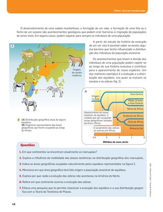 TEMA1. Terra em transformação
48
ASA•Ciência&Vida7•GuiadoProfessor
O desenvolvimento de uma cadeia montanhosa, a formação de um vale, a formação de uma ilha ou o
fecho de um oceano são acontecimentos geológicos que podem criar barreiras à migração de populações
de seres vivos. Em alguns casos, podem separar para sempre os indivíduos de uma população.
A partir do estudo da história da evolução
de um ser vivo é possível saber se existiu algu-
ma barreira que tenha inﬂuenciado a distribui-
ção dos indivíduos da população ancestral.
Os acontecimentos que levam à divisão dos
indivíduos de uma população podem repetir-se
ao longo da sua história evolutiva e contribuir
para o aparecimento de novas espécies. Um
dos melhores exemplos é a evolução e a distri-
buição dos equídeos, nos quais se incluem os
cavalos e as zebras (ﬁg. 2).
Origem
do cavalo
moderno
Milhões de anos atrás
Origem
na Ásia
Ásia Central
Médio Oriente
e Ásia Central
Sudoeste de África
Este de África
África do Sul
Norte de África
3,9 3 2 1 0
Aparecimento de novas
espécies de equídeos, à
medida que iam ocupando
zonas geográficas isoladas
da Ásia e África.
O surgimento das zebras
só ocorreu em África
Questões
1. Em que continentes se encontram atualmente os marsupiais?
2. Explica a inﬂuência da mobilidade das placas tectónicas na distribuição geográﬁca dos marsupiais.
3. Indica as áreas geográﬁcas ocupadas naturalmente pelos equídeos representados na ﬁgura 2.
4. Menciona em que área geográﬁca terá tido origem a população ancestral de equídeos.
5. Explica por que razão a evolução das zebras não aconteceu na América do Norte.
6. Refere em que continente ocorreu a evolução das zebras.
7. Efetua uma pesquisa que te permita relacionar a evolução dos equídeos e a sua distribuição geográ-
ﬁca com a Teoria da Tectónica de Placas.
(A) Distribuição geográﬁca atual de alguns
equídeos.
(B) Diagrama representativo das áreas
geográﬁcas que foram ocupando ao longo
do tempo.
2
A
B
 