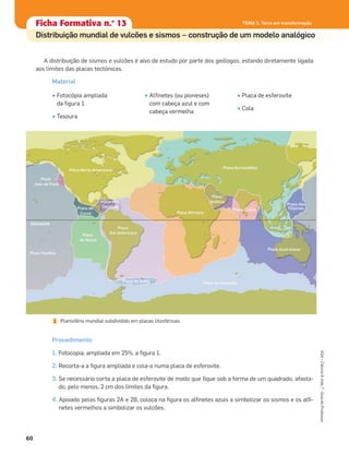 Ficha formativa n.o
1Ficha formativa n.o
1
Constituição e funcionamento do microscópio
Ficha formativa n.o
1Ficha Formativa n.o
13
Distribuição mundial de vulcões e sismos – construção de um modelo analógico
A distribuição de sismos e vulcões é alvo de estudo por parte dos geólogos, estando diretamente ligada
aos limites das placas tectónicas.
Material
• Fotocópia ampliada
da ﬁgura 1
• Tesoura
• Alﬁnetes (ou pioneses)
com cabeça azul e com
cabeça vermelha
• Placa de esferovite
• Cola
60
ASA•Ciência&Vida7•GuiadoProfessor
TEMA 1. Terra em transformação
Planisfério mundial subdividido em placas litosféricas.1
Procedimento
1. Fotocopia, ampliada em 25%, a ﬁgura 1.
2. Recorta-a a ﬁgura ampliada e cola-a numa placa de esferovite.
3. Se necessário corta a placa de esferovite de modo que ﬁque sob a forma de um quadrado, afasta-
do, pelo menos, 2 cm dos limites da ﬁgura.
4. Apoiado pelas ﬁguras 2A e 2B, coloca na ﬁgura os alﬁnetes azuis a simbolizar os sismos e os alﬁ-
netes vermelhos a simbolizar os vulcões.
 