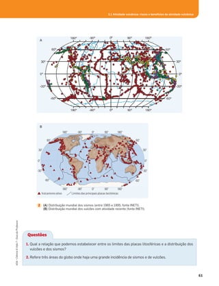 Questões
1. Qual a relação que podemos estabelecer entre os limites das placas litosféricas e a distribuição dos
vulcões e dos sismos?
2. Refere três áreas do globo onde haja uma grande incidência de sismos e de vulcões.
61
ASA•Ciência&Vida7•GuiadoProfessor
180° 0°-90° 90° 180°
180° 0°-90° 90° 180°
-60°
60°
-30°
30°
0°
-60°
60°
-30°
30°
0°
Vulcanismo ativo Limites das principais placas tectónicas
(A) Distribuição mundial dos sismos (entre 1965 e 1995, fonte INETI).
(B) Distribuição mundial dos vulcões com atividade recente (fonte INETI).
2
B
A
3.1 Atividade vulcânica: riscos e benefícios da atividade vulcânica
 