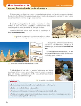 94
TEMA 1. Terra em transformaçãoFicha formativa n.o
1Ficha Formativa n.o
26
Agentes de meteorização, erosão e transporte
TEMA 1. Terra em transformaçãoTEMA 1. Terra em transformação
O vento, a água e os glaciares provocam a meteorização das rochas, mas também removem e transpor-
tam sedimentos. Existem formas espetaculares que resultam da ação destes agentes. Os casos que se
seguem constituem exemplos da ação destes agentes.
O vento transporta partículas de areia que meteorizaram o bloco
rochoso, de forma mais intensa junto à base, e posteriormente remo-
ve e transporta as areias resultantes da alteração da rocha.
Como resultado ﬁnal ﬁca um bloco mais ﬁno na base do que no
topo – bloco pedunculado.
A água provoca, em terrenos constituídos
por rochas com diferentes resistência à
meteorização, a formação de chaminés de
fada.
Estas têm a forma de uma coluna e no seu
topo uma rocha maior protege, temporaria-
mente, a restante estrutura.
A ação da água do mar sobre as rochas é responsável por formas
espetaculares (ex.: arcos e cavernas) que podemos encontrar no nosso
país, com destaque para o Algarve. Nestes casos, é notória a diferente
resistência das rochas à meteorização.
1
1. Indica dois agentes associados à meteorização, à erosão e ao transporte.
2. Explica a formação dos blocos pedunculados.
3. Relaciona a resistência dos minerais com a formação das chaminés de fada.
4. Realiza uma pesquisa sobre a importância da água, do gelo e do vento na meteorização das rochas,
na erosão e no transporte de sedimentos.
Questões
Rocha dura Chaminé
de fada
Solo
argiloso
Rocha dura
Solo argiloso
Solo argiloso
Rocha dura
Formação de chaminés de fada (Capadócia – Turquia).2
•••
•
•
••
•
•• ••
• •
••
••
•
•• ••• ••
Formação de um bloco pedunculado (deserto do Sahara, no Egito).
Os pontos pretos representam sedimentos e a seta o vento.
Formação de arcos (Algarve).3
ASA•Ciência&Vida7•GuiadoProfessor
 