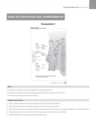 GUIÃO DE EXPLORAÇÃO DAS TRANSPARÊNCIAS
17O Meu Livro de Ciências 5.° Ano | Guia do Professor
Em Portugal Continental e nos arquipélagos dos Açores e da Madeira
existem vários tipos de áreas protegidas.
TRANSPARÊNCIA 1 ÁREAS PROTEGIDAS
O MEU LIVRO DE CIÊNCIAS – Ciências Naturais 5º Ano
Transparência 1
Metas
• Compreender a importância das áreas protegidas na conservação da Natureza.
• Compreender a contribuição das áreas protegidas para a conservação das condições de vida da Terra.
• Localizar as áreas protegidas existentes em Portugal.
Propostas de exploração
1. Pedir aos alunos que observem o mapa e que indiquem quantas áreas protegidas existem.
2. Pedir aos alunos para localizar no mapa a zona onde vivem e indicar como se caracteriza.
3. Pedir aos alunos que localizem um parque nacional, um parque natural, uma reserva natural, uma paisagem protegida e um monumento natural.
4. Em grande grupo, pedir a um aluno para indicar duas regras para a conservação das áreas protegidas.
5. Debater a importância da preservação e conservação destas áreas.
 