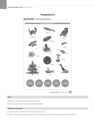 O Meu Livro de Ciências 5.° Ano | Guia do Professor24
Metas
• Reconhecer a importância da classificação dos seres vivos.
• Identificar os seres vivos através da classificação de Whittaker.
Propostas de exploração
1. Questionar sobre a importância da classificação dos seres vivos.
2. Pedir aos alunos que classifiquem os seres vivos da figura de acordo com a classificação em cinco reinos de Whittaker.
TRANSPARÊNCIA 8 CLASSIFICAÇÃO DOS SERES VIVOS
CLASSIFICAÇÃO DE WHITTAKER
Caranguejo
Sardinha
Mocho
Paramécia
Rã
Formiga
Polvo
Amiba
Bactéria
Leveduras
Pinheiro
Cobra
Girafa
REINO
DOS FUNGOS
REINO
PROTISTA
REINO
DAS PLANTAS
REINO
MONERA
REINO
DOS ANIMAIS
Cogumelo
O MEU LIVRO DE CIÊNCIAS – Ciências Naturais 5º Ano
Transparência 8
 