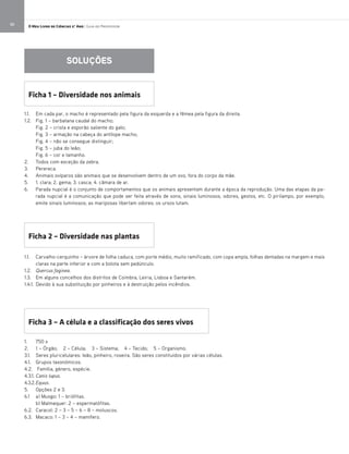 O Meu Livro de Ciências 5.° Ano | Guia do Professor30
Ficha 3 – A célula e a classificação dos seres vivos
1. 750 x
2. 1 – Órgão; 2 – Célula; 3 – Sistema; 4 – Tecido; 5 – Organismo.
3.1. Seres pluricelulares: leão, pinheiro, roseira. São seres constituídos por várias células.
4.1. Grupos taxonómicos.
4.2. Família, género, espécie.
4.3.1. Canis lupus.
4.3.2.Equus.
5. Opções 2 e 3.
6.1 a) Musgo: 1 – briófitas.
b) Malmequer: 2 – espermatófitas.
6.2. Caracol: 2 – 3 – 5 – 6 – 8 – moluscos.
6.3. Macaco: 1 – 3 – 4 – mamífero.
Ficha 2 – Diversidade nas plantas
SOLUÇÕES
1.1. Carvalho-cerquinho – árvore de folha caduca, com porte médio, muito ramificado, com copa ampla, folhas dentadas na margem e mais
claras na parte inferior e com a bolota sem pedúnculo.
1.2. Quercus faginea.
1.3. Em alguns concelhos dos distritos de Coimbra, Leiria, Lisboa e Santarém.
1.4.1. Devido à sua substituição por pinheiros e à destruição pelos incêndios.
1.1. Em cada par, o macho é representado pela figura da esquerda e a fêmea pela figura da direita.
1.2. Fig. 1 – barbatana caudal do macho;
Fig. 2 – crista e esporão saliente do galo;
Fig. 3 – armação na cabeça do antílope macho;
Fig. 4 – não se consegue distinguir;
Fig. 5 – juba do leão;
Fig. 6 – cor e tamanho.
2. Todos com exceção da zebra.
3. Perereca.
4. Animais ovíparos são animais que se desenvolvem dentro de um ovo, fora do corpo da mãe.
5. 1. clara; 2. gema; 3. casca; 4. câmara de ar.
6. Parada nupcial é o conjunto de comportamentos que os animais apresentam durante a época da reprodução. Uma das etapas da pa-
rada nupcial é a comunicação que pode ser feita através de sons, sinais luminosos, odores, gestos, etc. O pirilampo, por exemplo,
emite sinais luminosos; as mariposas libertam odores; os ursos lutam.
Ficha 1 – Diversidade nos animais
 