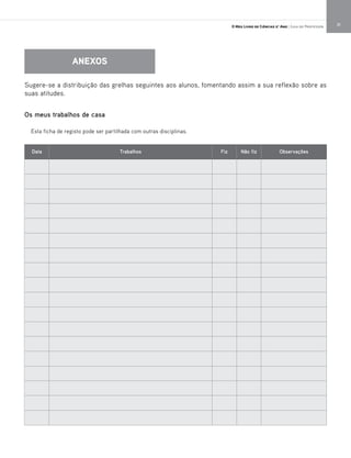 31O Meu Livro de Ciências 5.° Ano | Guia do Professor
Data Trabalhos Fiz Não fiz Observações
Sugere-se a distribuição das grelhas seguintes aos alunos, fomentando assim a sua reflexão sobre as
suas atitudes.
Os meus trabalhos de casa
Esta ficha de registo pode ser partilhada com outras disciplinas.
ANEXOS
 
