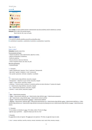 PLIN6EP_Bala

ACETATO 4
 NA PONTA DA LÍNGUA                                     ACETATO 4

 Língua Portuguesa • 6.° ano                            n
                                                              90732



                               PROVÉRBIOS EM CHARADAS




Neste acetato, os alunos poderão decifrar colectivamente mais dois provérbios onde há referências a animais.
Soluções: Burro velho não aprende línguas.
          Quem não tem cão, caça com gato.


um verbo por dia
1. Eu ponho/Tu pões/Ele põe/Nós pomos/Vós pondes/Eles põem
2. a. púnhamos; b. pusemos; c. puséramos; d. poremos; e. puséssemos; f. pusermos.




Págs. 62 e 63
Fiquei a saber?
Conteúdos testados nesta ficha:
Funcionamento da língua:
• classes de palavras: nome, determinante, adjectivo e verbo;
• palavras homógrafas e homófonas;
• família de palavras;
• discurso directo e discurso indirecto;
• verbos irregulares (haver, dar, fazer, ler, pôr).
Recursos expressivos:
• a personificação.

1.1. Exemplos:
• regato insignificante / pequeno / fraco / suplicante / desesperado
• lago altivo / egoísta / antipático / cruel / convencido
• mar grande / generoso / altruísta / simpático / acolhedor

2.1.
• O ➔ determinante artigo definido, masculino, singular
• desesperado ➔ adjectivo no grau normal, masculino, singular
• regato ➔ nome comum, masculino, singular
• continuou ➔ forma do verbo continuar, no pretérito perfeito do modo indicativo, 3.a pessoa do singular
• o ➔ determinante artigo definido, masculino, singular
• seu ➔ determinante possessivo, masculino, singular
• caminho ➔ nome comum, masculino, singular

3.
a. Meu ➔ determinante possessivo
b. Todos ➔ determinante indefinido; os ➔ determinante artigo definido; teus ➔ determinante possessivo
c. Os ➔ determinante artigo definido; dois ➔ determinante numeral cardinal
d. Aquele ➔ determinante demonstrativo; qualquer ➔ determinante indefinido
e. Algumas ➔ determinante indefinido; este ➔ determinante demonstrativo; os ➔ determinante artigo definido; outras ➔ determinante indefinido; o ➔ deter-
minante artigo definido; da ➔ determinante artigo definido (contracção da preposição de com o determinante artigo definido a); nossa ➔ determinante pos-
sessivo.

4.1. Exemplos:
• O rei recebeu os visitantes no paço. / Em Lisboa, visitei o Terreiro do Paço.
• Ah! Que água quentinha!… / Há tanto tempo que não via o mar!

5. Exemplos:
Eu como todos os dias um iogurte. / Ele sabia que tu ias aparecer. / Por favor, vai pôr esta roupa no cesto.

6. mar ➔ amarar, marítimo, marinho, marisco, marear, maremoto, maré, maré-cheia, maresia, marejar…


                                                                              16
 