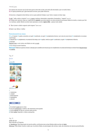 PLIN6EP_Bala

2. A raposa veio anunciar que já não havia guerra entre eles os dois, pois tinha sido decretada a paz no mundo inteiro.
2.1. A raposa pretendia que o galo descesse da árvore, para poder devorá-lo.

3. Anunciou a chegada de dois lebréus com os quais poderiam festejar a paz. Como a raposa os temia, fugiu.

4. galo: “velho, arteiro e matreiro” [verso 2]; raposa: manhosa, dissimulada, enganadora, lisonjeadora, “magana” [verso 31].
4.1. Ambos são matreiros. Veja-se o significado de matreiro: que tenta enganar os outros através de processos hábeis de manha; o mesmo que finó-
rio, manhoso, sabido. Atente-se ainda nesta expressão corrente: raposa velha – pessoa muito sabida.

5. “Que é prazer a dobrar enganar quem engana.” [último verso]

6. Quem ri por último, ri melhor.


FUNCIONAMENTO DA LÍNGUA
1.1. a. A raposa ➔ sujeito; encontrou um galo ➔ predicado; um galo ➔ complemento directo; num ramo de uma árvore ➔ complemento circunstan-
cial de lugar.
b. Naquele dia ➔ complemento circunstancial de tempo; ela ➔ sujeito; mentiu ao galo ➔ predicado; ao galo ➔ complemento indirecto.
2. Exemplo:
Naquela noite, a avó contou uma fábula ao neto, na sala.
3. As crianças ouviam histórias.
Observação: Poderá ser oportuno chamar a atenção para a existência de mais do que um complemento circunstancial de tempo na mesma frase: Naquele tempo
e à noitinha.



Pág. 69
FALAR
1.
ACETATO 5
 NA PONTA DA LÍNGUA                                   ACETATO 5

 Língua Portuguesa • 6.° ano                          n
                                                            90732



                               A RAPOSA E A CEGONHA




DIVERTE-TE!
1.
a. camponesa
b. campeã
c. lento/vagaroso
d. deselegante
e. adiantar


um verbo por dia
1.
a. Eu sempre soube que tu virias.
b. Se nós soubéssemos a matéria, não estaríamos preocupados.
c. Os fãs saberão da data do concerto pelos jornais.
d. Oxalá saibas responder a todas as perguntas.




Pág. 70
Antes de Ler
Obra indicada no Programa.
a. Semelhança: Pela observação da mancha gráfica, verificamos que as duas fábulas estão escritas em verso.
Diferença: Pelos títulos, ficamos a saber que, na primeira fábula, as personagens são animais; nesta, são elementos da natureza personificados.


                                                                         18
 