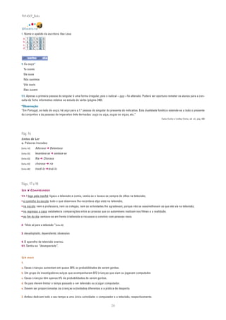 PLIN6EP_Bala



DIVERTE-TE!
1. Nome e apelido da escritora: Ilse Losa
  a.   T   Í   T   U   L   O
  b.   A   L   U   N   O   S
  c.   E   S   C   U   S   O
  d.   T   E   C   L   A   S


 um verbo por dia
1. Eu ouço*
     Tu ouves
     Ele ouve
     Nós ouvimos
     Vós ouvis
     Eles ouvem

1.1. Apenas a primeira pessoa do singular é uma forma irregular, pois o radical – ouv – foi alterado. Poderá ser oportuno remeter os alunos para a con-
sulta da ficha informativa relativa ao estudo do verbo (página 240).

*Observação:
“Em Portugal, ao lado de ouço, há oiço para a 1.a pessoa do singular do presente do indicativo. Esta dualidade fonética estende-se a todo o presente
do conjuntivo e às pessoas do imperativo dele derivadas: ouça ou oiça, ouças ou oiças, etc.”
                                                                                                                   Celso Cunha e Lindley Cintra, ob. cit., pág. 438




Pág. 96
Antes de Ler
a. Palavras trocadas:
[linha 14]:        Adorava ➔ Detestava
[linha 25]:        levantava-se ➔ sentava-se
[linha 43]:        Ria ➔ Chorava
[linha 43]:        chorava ➔ ria
[linha 48]:        trazê-lo ➔levá-lo




Págs. 97 e 98
LER ❦ COMPREENDER
1.1. • logo pela manhã: ligava a televisão e comia, vestia-se e lavava-se sempre de olhos na televisão;
• a caminho da escola: tudo o que observava lhe recordava algo visto na televisão;
• na escola: nem a professora, nem os colegas, nem as actividades lhe agradavam, porque não se assemelhavam ao que ele via na televisão;
• no regresso a casa: estabelecia comparações entre as proezas que os automóveis realizam nos filmes e a realidade;
• ao fim do dia: sentava-se em frente à televisão e recusava o convívio com pessoas reais.

2. “Vivia só para a televisão.” [linha 45]

3. desadaptado; dependente; obsessivo

4. O aparelho de televisão avariou.
4.1. Sentiu-se “desesperado”.



LER MAIS
1.
a. Essas crianças aumentam em quase 30% as probabilidades de serem gordas.
b. Um grupo de investigadores suíços que acompanharam 872 crianças que viam ou jogavam computador.
c. Essas crianças têm apenas 6% de probabilidades de serem gordas.
d. Os pais devem limitar o tempo passado a ver televisão ou a jogar computador.
e. Devem ser proporcionadas às crianças actividades diferentes e a prática de desporto.

2. Ambos dedicam todo o seu tempo a uma única actividade: o computador e a televisão, respectivamente.


                                                                          26
 