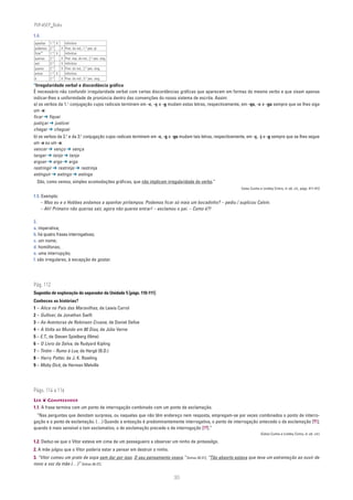 PLIN6EP_Bala

1.4.
apanhar   1.a X   Infinitivo
podemos   2.a   X Pres. do ind., 1.a pes. pl.
ficar*    1.a X   Infinitivo
querias   2.a   X Pret. imp. do ind., 2.a pes. sing.
sair      3.a   X Infinitivo
queres    2.a   X Pres. do ind., 2.a pes. sing.
            a
entrar    1. X    Infinitivo
é         2.a   X Pres. do ind., 3.a pes. sing.
*Irregularidade verbal e discordância gráfica
É necessário não confundir irregularidade verbal com certas discordâncias gráficas que aparecem em formas do mesmo verbo e que visam apenas
indicar-lhes a uniformidade de pronúncia dentro das convenções do nosso sistema de escrita. Assim:
a) os verbos da 1.a conjugação cujos radicais terminem em -c, -ç e -g mudam estas letras, respectivamente, em -qu, -c e -gu sempre que se lhes siga
um -e:
ficar ➔ fiquei
justiçar ➔ justicei
chegar ➔ cheguei
b) os verbos da 2.a e da 3.a conjugação cujos radicais terminem em -c, -g e -gu mudam tais letras, respectivamente, em -ç, -j e -g sempre que se lhes segue
um -o ou um -a:
vencer ➔ venço ➔ vença
tanger ➔ tanjo ➔ tanja
erguer ➔ ergo ➔ erga
restringir ➔ restrinjo ➔ restrinja
extinguir ➔ extingo ➔ extinga
  São, como vemos, simples acomodações gráficas, que não implicam irregularidade do verbo.”
                                                                                                                Celso Cunha e Lindley Cintra, in ob. cit., págs. 411-412

1.5. Exemplo:
    – Mas eu e o Hobbes andamos a apanhar pirilampos. Podemos ficar só mais um bocadinho? – pediu / suplicou Calvin.
    – Ah! Primeiro não querias sair, agora não queres entrar! – exclamou o pai. – Como é?!

2.
a. imperativa;
b. há quatro frases interrogativas;
c. um nome;
d. homófonas;
e. uma interrupção;
f. são irregulares, à excepção de gostar.




Pág. 112
Sugestão de exploração do separador da Unidade 5 [págs. 110-111]
Conheces as histórias?
1 – Alice no País das Maravilhas, de Lewis Carrol
2 – Gulliver, de Jonathan Swift
3 – As Aventuras de Robinson Crusoe, de Daniel Defoe
4 – A Volta ao Mundo em 80 Dias, de Júlio Verne
5 – E.T., de Steven Spielberg (filme)
6 – O Livro da Selva, de Rudyard Kipling
7 – Tintim – Rumo à Lua, de Hergé (B.D.)
8 – Harry Potter, de J. K. Rowling
9 – Moby Dick, de Herman Melville




Págs. 114 a 116
LER ❦ COMPREENDER
1.1. A frase termina com um ponto de interrogação combinado com um ponto de exclamação.
 “Nas perguntas que denotam surpresa, ou naquelas que não têm endereço nem resposta, empregam-se por vezes combinados o ponto de interro-
gação e o ponto de exclamação. (…) Quando a entoação é predominantemente interrogativa, o ponto de interrogação antecede o de exclamação [?!];
quando é mais sensível o tom exclamativo, o de exclamação precede o de interrogação [!?].”
                                                                                                                             (Celso Cunha e Lindley Cintra, in ob. cit.)

1.2. Deduz-se que o Vítor esteve em cima de um pessegueiro a observar um ninho de pintassilgo.
2. A mãe julgou que o Vítor poderia estar a pensar em destruir o ninho.
3. “Vítor comeu um prato de sopa sem dar por isso. O seu pensamento voava.” [linhas 20-21]; “Tão absorto estava que teve um estremeção ao ouvir de
novo a voz da mãe (…)” [linhas 26-27].

                                                                           30
 