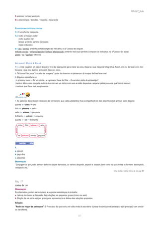 PLIN6EP_Bala

4. ansioso; curioso; excitado.
5.1. determinado / decidido / resoluto / impaciente


FUNCIONAMENTO DA LÍNGUA
1.1. É uma forma composta.
1.2. verbo principal: andar
     verbo auxiliar: ter
     tempo: pretérito perfeito composto
     modo: indicativo
2.1. deu / sonhou: pretérito perfeito simples do indicativo, na 3.a pessoa do singular.
tinham nascido / tinham crescido / [tinham] abandonado: pretérito mais-que-perfeito composto do indicativo, na 3.a pessoa do plural.
poder / ver / apalpar: infinitivo.


LER MAIS | OUVIR ❦ FALAR
1.1. a. Este caçador, em vez de disparar tiros de espingarda para matar as aves, dispara a sua máquina fotográfica. Assim, em vez de levar aves mor-
tas para casa, leva apenas a imagem das aves vivas.
b. Tal como Vítor, este “caçador de imagens” gosta de observar os pássaros e é incapaz de lhes fazer mal.
2. Algumas semelhanças:
• o primeiro verso – Sei um ninho – e a primeira frase de Vítor – Eu sei dum ninho de pintassilgo!;
• tanto o Vítor como o sujeito poético descobriram um ninho com ovos e estão dispostos a esperar pelos pássaros que hão-de nascer;
• nenhum quer fazer mal aos pássaros.




DIVERTE-TE!
1. As palavras deverão ser colocadas de tal maneira que cada substantivo fica acompanhado de dois adjectivos (um antes e outro depois):
quente ➔ ninho ➔ fofo
fofo ➔ pássaro ➔ veloz
veloz ➔ viatura ➔ pequena
brilhante ➔ estrela ➔ pequena
quente ➔ sol ➔ brilhante

         ninho    fofo   pássaro     veloz
                                             viatura
quente




         sol   brilhante estrela   pequena



 um verbo por dia

1.
a. peçam
b. peço-lhe
c. peçamos
Observação:
“Conjugam-se por pedir, embora dele não sejam derivados, os verbos despedir, expedir e impedir, bem como os que destes se formam: desimpedir,
reexpedir, etc.”
                                                                                                                  Celso Cunha e Lindley Cintra, ob. cit., pág. 437




Pág. 117
Antes de Ler
Observação:
Em alternativa, poderá ser adoptada a seguinte metodologia de trabalho:
a. Leitura dos textos e discussão das soluções em pequenos grupos (cinco ou seis).
b. Eleição de um porta-voz por grupo para apresentação e defesa das soluções propostas.

Solução:
“Roubo no ringue de patinagem”: O Francisco diz que ouviu um ruído vindo do escritório à prova de som quando estava na sala principal, com a músi-
ca barulhenta.

                                                                         31
 