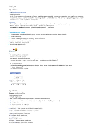 PLIN6EP_Bala

Págs. 126 e 127
LER ❦ COMPREENDER | ESCREVER
1. Um resumo possível:
  Alfredo viu dois seres minúsculos e verdes, na floresta, quando se afastou do grupo de professoras e colegas com quem fora fazer um piquenique.
  Imediatamente, perseguiu as criaturas e apanhou uma delas, guardando-a num bolso. Procurou, então, regressar ao parque dos piqueniques, mas teve
  de pedir ajuda a um guarda-florestal, pois estava perdido.

Observação:
  Este trabalho poderá ser realizado em pares ou em pequenos grupos, o que limitará o número de trabalhos a ler e a comentar.
  No final, os alunos poderão escolher o melhor resumo e registá-lo nos cadernos diários.
  No Caderno do Professor, apresentamos alguns textos para esquematizar e para resumir.


FUNCIONAMENTO DA LÍNGUA
1.1. São exemplos de conjugação pronominal porque em todos os casos o verbo está conjugado com um pronome.
1.2. as = as criaturinhas
1.3. Estendeu as mãos para agarrá-las, mas elas já corriam pela caruma.
1.4. • na forma negativa: não as perseguiu;
• no futuro do indicativo: persegui-las-á;
• no condicional: persegui-las-ia.




DIVERTE-TE!
1.
     Na escola, o professor pede ao Quim:
     – Dá-me um exemplo de injustiça.
     Quim pensa um pouco e depois exclama:
     – Quando… o meu pai se engana nos trabalhos de casa, e depois o professor me culpa a mim!

     Um estudante desabafa:
     – Não tenho nada, mesmo nada! Nem sequer um cêntimo… Até já escrevi ao meu pai a dizer-lhe que estou no meio da rua.
     – E ele que te respondeu?
     – Que tivesse cuidado com o trânsito.


     um verbo por dia

          1.
       1. p e r c o
          e
 2. p e r c a m o s
          d
    3. p e r d e r i a




Págs. 128 e 129
Conteúdos testados nesta ficha:
Funcionamento da língua:
• formação de palavras;
• verbo: conjugação pronominal; tempos simples e compostos; verbos irregulares.
1.1.1. Porque naquele país tudo era/funcionava ao contrário (o prefixo des- indica “acção contrária”).
1.2.1. O prefixo des-.
1.2.2. Palavras derivadas por prefixação.

2. a. desmaiar ➔ todas as outras são formadas com o prefixo des-.
b. inteiro ➔ todas as outras são formadas com o prefixo in-.

3. era ➔ pretérito imperfeito do indicativo
foi ➔ pretérito perfeito do indicativo
parar ➔ infinitivo
é ➔ presente do indicativo
perguntou ➔ pretérito perfeito do indicativo
refrescava ➔ pretérito imperfeito do indicativo


                                                                          34
 
