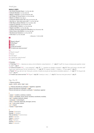 PLIN6EP_Bala

NOVELA E CONTO
• Um Artista Chamado Duque. 1.a ed. Porto: ASA, 1990
• O Quadro Roubado. 5.a ed. Porto: ASA, 1991
• Miguel, o Expositor. 2.a ed. Porto: Afrontamento, 1993
• Um Fidalgo de Pernas Curtas. 9.a ed. Porto: ASA, 2001
• Beatriz e o Plátano. Porto: ASA, s.d.
• A Estranha História duma Tília. Lisboa: Livros Horizonte, 1981
• Ana-Ana ou “uma coisa nunca vista”. 2.a ed. Porto: ASA, 1987
• O Rei Rique e Outras Histórias. Porto: Porto Editora, 1989
• A Visita ao Padrinho. Porto: Afrontamento, 1989
• A Minha Melhor História. 4.a ed. Porto: ASA, 1992
• Viagem com Wish. 3.a ed. Porto: ASA, 1992
• O Senhor Pechincha seguido de O Bonifácio. Porto: Afrontamento, 1993
• Faísca Conta a Sua História. 4.a ed. Porto: ASA, 1994
• Na Quinta das Cerejeiras. 6.a ed. Porto: ASA, 1997
• A Flor Azul. 8.a ed. Porto: ASA, 2000
                                           in Malasartes, n.° 8, Abril de 2002
B
1.
 a   “Bisavô e Bisavô”
 b   “O Rei Rique”
 c   “Dandy”
 d   “O País da Cucanha”
 e   “A história que Joana escreveu”
1.1.
✪ “Bisavô e bisavô”
✪ “Dandy”
✪ “O Rei Rique”
✪ “A história que Joana escreveu”
✪ “O País da Cucanha”


2. Exemplos:
✪  “O Rei Rique” ➔ “(…) depressa se cansou de tal enfadonho comportamento (…)” – pág. 6; “O quê?! Um rei que se baixava para apanhar coisas
do chão?” – pág. 8.
✪ “O País da Cucanha” ➔ “(…) ouço perguntar.” – pág. 13; “(…) esperam-vos grandes surpresas.” – pág. 14; “Mas será mesmo uma bela vida?
Alguém quer experimentar? Se sim, aconselho-lhe (…)” – pág. 15; “Ao corajoso comilão (…) desejo (…) E boa viagem!” – pág. 15
✪ “Dandy” ➔ “O que não tem mal. Antes pelo contrário. Através de estudos de importantes entendidos sabemos (…)” – pág. 17; “Ou há quem não
ache?” – pág. 19
✪ “A história que Joana escreveu” ➔ “Oiçam:” – pág. 28; “E ainda por cima (…)” – pág. 31; “Uma boa noite para ambos.” – pág. 31




Págs. 195 a 199
1. Palavras primitivas:
sapato • manhã • pátria • legal • rapaz

1.1. Palavras derivadas por sufixação ➔ sapateiro, rapazinho
Palavras derivadas por prefixação ➔ ilegal
Palavras derivadas por sufixação e prefixação ➔ amanhecer, repatriar

2.
• cavalo ➔ cavaleiro, cavalariça, cavalaria;
• moral ➔ moralidade, imoral, amoral, moralismo, moralmente, moralista;
• leal ➔ lealdade, lealmente, desleal;
• camarada ➔ camaradagem;
• terra ➔ enterrado, desterrado, aterragem, terreiro;
• ver ➔ rever, prever, antever;
• ar ➔ aragem;
• homem ➔ super-homem

3.
Alentejo ➔ alentejano
Ribatejo ➔ ribatejano
Trás-os-Montes ➔ transmontano
Açores ➔ açoriano
Angola ➔ angolano
África ➔ africano
América ➔ americano
México ➔ mexicano


                                                                                 50
 