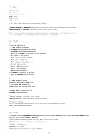 PLIN6EP_Bala

dente ➔ dentista
piano ➔ pianista


pêra ➔ pereira
limão ➔ limoeiro
rosa ➔ roseira

7. saca-rolhas; guarda-nocturno; meia-noite ou meio-dia; malmequer

8. Palavras compostas por justaposição ➔ guarda-sol, porco-espinho, terça-feira, maldizer, passa-tempo, pontapé, belas-artes
Palavras compostas por aglutinação ➔ aguardente, embora, pernalta, girassol, planalto

9. terra → terrinha, terreno, terramoto, terroso, terráquio, terrestre, terreiro, terraplenar, aterrar, enterrar, desterrar, terra-nova…
mar → maremoto, marear, marejar, marítimo, marinho, marinheiro, marisco, amarar, preia-mar…



Págs. 200 a 202
1.
a. • Vou jogar pião com o Luís.
     • O peão atravessou na passadeira.
b. • O Conselho Executivo convocou uma reunião.
     • No concelho de Guimarães há muita indústria.
     • Pediste-me um conselho e eu dei-to; agora faz o que entenderes.
c. • Põe as batatas a cozer, por favor.
     • Ainda tenho esta roupa toda para coser.
d. • Ele espreitou por trás do muro.
     • Todos os dias, ele traz trabalho para casa.
e. • O livro foi roído pelos ratos.
     • Detesto o ruído dos automóveis!
f. • A noz é o fruto da nogueira.
     • Nós vamos sair imediatamente.
g. • O conserto dos sapatos fica por dez euros.
     • A Rita vai ao concerto do Pedro Abrunhosa.

2.
a. A colher de sopa caiu no chão.
Caí da árvore quando estava a colher maçãs.
b. Estou cheia de sede; vou beber água.
A sede do nosso clube está a precisar de obras.

3.1. torres / torres ➔ palavras homógrafas;
ora / hora ➔ palavras homófonas.

4. Palavras homófonas ➔ cinto / sinto • acento / assento
Palavras homógrafas ➔ molho / molho • pára / para • acordo / acordo

5.1. As palavras era e hera.
5.2. era ➔ verbo (forma do verbo ser, na terceira pessoa do singular do pretérito imperfeito do indicativo)
hera ➔ nome comum, feminino, singular




Págs. 204 a 206
1.1. As frases a. e b. são frases simples, porque possuem apenas um verbo conjugado (desenhou e ficou); a frase c. é uma frase complexa, porque
possui dois verbos conjugados (apagou e desenhou).
1.2. Mafalda desenhou um boneco na parede de uma casa, mas a dona da casa ficou zangada.
1.3. Mafalda apagou o boneco. Ela desenhou outro mais simpático.
1.4. Sujeito ➔ A dona da casa
Predicado ➔ ficou zangada
1.5. Ela (desempenha a função de sujeito, tal como Mafalda).


                                                                             52
 