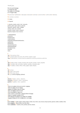 PLIN6EP_Bala

Com uma grande barriga
vi um leão bater sola.
Nas costas de uma formiga
já vi um jogo de bola.

1.2. dono/dona • ladrão/ladra • cão/cadela • bode/cabra • lobo/loba • carneiro/ovelha • coelho/coelha • leão/leoa

1.3. o artista / a artista

1.4. costas

1.5. figueiral

2. cãozinho, cãozito, canito / cão / canzarrão
gatinho, gatito / gato / gatorro, gatarrão
rapazinho, rapazito / rapaz / rapagão
vozinha, vozita / voz / vozeirão
corpinho, corpito / corpo / corpanzil
boquinha, boquita / boca / bocarra

3. abade/abadessa;
actor/actriz;
barão/baronesa;
conde/condessa;
embaixador/embaixatriz/embaixadora;
espião/espia;
herói/heroína;
imperador/imperatriz;
poeta/poetisa/poeta;
príncipe/princesa;
rei/rainha;
réu/ré.

4.
-oa ➔ leoa, patroa, leitoa
-ã ➔ campeã, aldeã, anã, anciã, irmã, anfitriã, cidadã, cirurgiã
-ona ➔ espertalhona, comilona, figurona, paspalhona, solteirona, pobretona, sabichona

5.
-ões ➔ balões, botões, corações, estações, leões, figurões, opiniões, vulcões, campeões.
-ães ➔ alemães, cães, sacristães, capelães, capitães, charlatães, pães.
-ãos ➔ cidadãos, cristãos, órfãos, irmãos, pagãos, órgãos, bênçãos.

6.
-al ➔ animal;
-el ➔ papel, móvel, painel;
-ol ➔ farol, lençol, álcool;
-ul ➔ paul (terreno alagadiço; pântano).

7.
cãozinho ➔ cãe(s) + zinhos = cãezinhos
lençolzinho ➔ lençói(s) + zinhos = lençoizinhos
papelzito ➔ papéi(s) + zitos = papeizitos

8.
• Basta uma ovelha ranhosa para perder o rebanho.
• Bebe por alegria, não por tristeza.
• Beleza sem virtude é rosa sem cheiro.
• Bem canta Marta, depois de farta.
• Bem prega Maria em casa vazia.
• Está a chover e a fazer Sol e a macaca debaixo do lençol.
• Horta com pombal é paraíso terreal.
• Nem exército sem general, nem castelo sem castelão.
• Enxame de Abril para mim, de Maio para o meu irmão.
8.1.
Nomes comuns ➔ ovelha, alegria, tristeza, beleza, virtude, rosa, cheiro, casa, macaca, lençol, paraíso, general, castelo, castelão, irmão.
Nomes próprios ➔ Marta, Maria, Sol, Abril, Maio.
Nomes colectivos ➔ rebanho, horta, pombal, exército, enxame.


                                                                           54
 