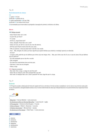 PLIN6EP_Bala

Pág. 38
FUNCIONAMENTO DA LÍNGUA
1.1.
a. sujeito ➔ O Joel;
predicado ➔ gostava de ler.
b. sujeito subentendido ➔ [O Joel / Ele];
predicado ➔ Lia muitos livros do pai.
2. Os travessões que iniciam todos os parágrafos à excepção do primeiro, do décimo e do último.


OUVIR

      Diálogo gravado:
– Estou? Queria falar com o Joel.
– E quem fala, por favor?
– É o Jorge.
– Ah! És tu, Jorge! Estás bom?
– Estou, obrigado. Posso falar com o Joel?
– Estás com azar, pá: ele foi a casa da avó, mas não demora.
– Oh! Que pena! Queria mesmo dizer-lhe uma coisa…
– Olha, se quiseres, o mais que posso fazer é dar-lhe o teu recado.
– Hum… Não, obrigado. Ou antes: por favor, diga-lhe que aquele indivíduo que andamos a investigar apareceu na televisão.
– Só isso?
– Já agora, podia pedir-lhe que me telefone para minha casa mal chegue. Hum… Não, para minha casa não. Eu vou a casa da Joana. Ele que telefone
para lá, pode ser?
– Ok, está sossegado que eu dou-lhe o recado.
– Está, obrigado.
– De nada! Dá cumprimentos meus aos teus pais.
– Está bem. E mais uma vez obrigado.
– Adeus, Jorge.

1.1.1. Algumas propostas:
– Boa noite. Fala o Jorge, o colega do Joel. Ele está?
– Daqui fala um amigo do Joel. Seria possível falar com ele?
– Boa noite. Eu desejava falar com o Joel. É possível? Por favor, diga-lhe que é o Jorge.




Pág. 39
ESCREVER
1. O Programa propõe a elaboração de fichas de registo de livros ou de leitura. Um dos acordos a estabelecer com os alunos nas primeiras aulas pode-
rá ser precisamente a obrigatoriedade da leitura de um número determinado de obras (por mês/período/ano) e do preenchimento das respectivas fichas
de leitura.




DIVERTE-TE!
1.
• Moby Dick ➔ Herman Melville ➔ norte-americano
• As Aventuras de Alice no País das Maravilhas ➔ Lewis Carroll ➔ inglês
• O Principezinho ➔ Antoine de Saint-Exupéry ➔ francês
• A Ilha do Tesouro ➔ Robert L. Stevenson ➔ escocês
• A História Interminável ➔ Michael Ende ➔ alemão
• As Aventuras de Tom Sawyer ➔ Mark Twain ➔ norte-americano


um verbo por dia
1.
a.   estamos
b.   estivemos
c.   estivéramos
d.   estejamos
e.   estivéssemos
f.   estaríamos


                                                                           9
 