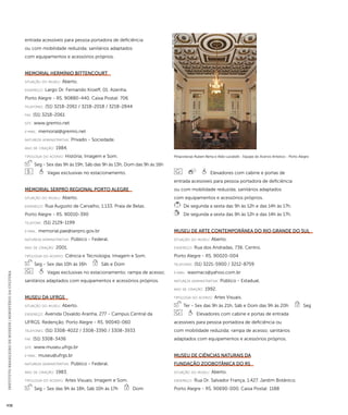 INSTITUTO BRASILEIRO DE MUSEUS | MINISTÉRIO DA CULTURA 438 
entrada acessíveis para pessoa portadora de deficiência 
ou com mobilidade reduzida; sanitários adaptados 
com equipamentos e acessórios próprios. 
Memorial Hermínio Bittencourt 
situação do museu: Aberto. 
endereço: Largo Dr. Fernando Kroeff, 01. Azenha. 
Porto Alegre - RS. 90880-440. Caixa Postal: 706 
telefones: (51) 3218-2061 / 3218-2018 / 3218-2844 
fax: (51) 3218-2061 
site: www.gremio.net 
e-mai l: memorial@gremio.net 
natureza administrativa: Privado - Sociedade. 
ano de criação: 1984. 
ti pologi a do acervo: História; Imagem e Som. 
Seg - Sex das 9h às 19h, Sáb das 9h às 13h, Dom das 9h às 16h 
Vagas exclusivas no estacionamento. 
Memorial Serpro Regional Porto Alegre 
situação do museu: Aberto. 
endereço: Rua Augusto de Carvalho, 1.133. Praia de Belas. 
Porto Alegre - RS. 90010-390 
telefone: (51) 2129-1199 
e-mai l: memorial.pae@serpro.gov.br 
natureza administrativa: Público - Federal. 
ano de criação: 2001. 
ti pologi a do acervo: Ciência e Tecnologia; Imagem e Som. 
Seg - Sex das 10h às 16h Sáb e Dom 
Vagas exclusivas no estacionamento; rampa de acesso; 
sanitários adaptados com equipamentos e acessórios próprios. 
Museu da UFRGS 
situação do museu: Aberto. 
endereço: Avenida Osvaldo Aranha, 277 - Campus Central da 
UFRGS. Redenção. Porto Alegre - RS. 90040-060 
telefones: (51) 3308-4022 / 3308-3390 / 3308-3933 
fax: (51) 3308-3436 
site: www.museu.ufrgs.br 
e-mai l: museu@ufrgs.br 
natureza administrativa: Público - Federal. 
ano de criação: 1983. 
ti pologi a do acervo: Artes Visuais; Imagem e Som. 
Seg - Sex das 9h às 18h, Sáb 10h às 17h Dom 
Pinacotecas Ruben Berta e Aldo Locatelli - Equipe do Acervo Artístico - Porto Alegre 
Elevadores com cabine e portas de 
entrada acessíveis para pessoa portadora de deficiência 
ou com mobilidade reduzida; sanitários adaptados 
com equipamentos e acessórios próprios. 
De segunda a sexta das 9h às 12h e das 14h às 17h. 
De segunda a sexta das 9h às 12h e das 14h às 17h. 
Museu de Arte Contemporânea do Rio Grande do Sul 
situação do museu: Aberto. 
endereço: Rua dos Andradas, 736. Centro. 
Porto Alegre - RS. 90020-004 
telefones: (51) 3221-5900 / 3212-8759 
e-mai l: ieavmacs@yahoo.com.br 
natureza administrativa: Público - Estadual. 
ano de criação: 1992. 
ti pologi a do acervo: Artes Visuais. 
Ter - Sex das 9h às 21h, Sáb e Dom das 9h às 20h Seg 
Elevadores com cabine e portas de entrada 
acessíveis para pessoa portadora de deficiência ou 
com mobilidade reduzida; rampa de acesso; sanitários 
adaptados com equipamentos e acessórios próprios. 
Museu de Ciências Naturais da 
Fundação Zoobotânica do RS 
situação do museu: Aberto. 
endereço: Rua Dr. Salvador França, 1.427. Jardim Botânico. 
Porto Alegre - RS. 90690-000. Caixa Postal: 1188 
Imagem cedida ao CNM - IBRAM / MINC 
 