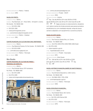 INSTITUTO BRASILEIRO DE MUSEUS | MINISTÉRIO DA CULTURA 446 
natureza administrativa: Público - Federal. 
ano de criação: 1999. 
Museu do Porto 
situação do museu: Aberto. 
endereço: Rua Riachuelo, s/n - Porto Velho - Armazém 1. Centro. 
Rio Grande - RS. 96200-000 
telefone: (53) 3231-1366 
fax: (53) 3231-1366 
site: www.portoriogrande.com.br 
e-mai l: acervohistorico@portoriograde.com.br 
natureza administrativa: Público - Estadual. 
ano de criação: 1991. 
Centro Municipal de Cultura Inah Emil Martensen 
situação do museu: Aberto. 
endereço: Rua Marechal Floriano, 91. Rio Grande - RS. 96200-390 
telefone: (53) 3231-6399 
e-mai l: centrodecultura.rg@gmail.com 
natureza administrativa: Público - Municipal. 
ano de criação: 1985. 
Rio Pardo 
Centro Regional de Cultura Rio Pardo - 
Memorial do Exército 
situação do museu: Aberto. 
endereço: Rua Andrade Neves, 679. Auxiliadora. 
Rio Pardo - RS. 96640-000 
telefone: (51) 3731-2285 
fax: (51) 3731-2285 
site: www.centroregionaldeculturariopardo.org 
e-mai l: centroculturalriopardo@gmail.com 
natureza administrativa: Privado - OSCIP. 
ano de criação: 2005. 
ti pologi a do acervo: História. 
Seg - Sex das 8h30 às 12h e das 13h30 às 17h30, 
Sáb das 8h30 às 12h e das 14h às 17h e Dom das 15h às 18h 
Vagas exclusivas no estacionamento; elevadores 
com cabine e portas de entrada acessíveis para pessoa portadora 
de deficiência ou com mobilidade reduzida; rampa de acesso; 
sanitários adaptados com equipamentos e acessórios próprios. 
Museu de Arte Sacra 
situação do museu: Aberto. 
endereço: Rua Francisco Borba Filho, s/n. Centro. 
Rio Pardo - RS. 96640-000 
telefones: (51) 3731-2549/ 9701-0336/ 9995-0282 (Rudi) 
fax: (51) 3731-2221 
site: www.riopardo.rs.gov.br 
e-mai l: riopardo@viavale.com.br 
natureza administrativa: Privado - Associação. 
ano de criação: 1975. 
ti pologi a do acervo: Artes Visuais. 
Ter - Sáb das 8h às 12h e das 13h30 às 17h30, 
Dom das 9h às 11h30 e das 14h às 17h30 Seg 
Museu Histórico Municipal Barão de Santo Ângelo 
situação do museu: Aberto. 
endereço: Rua Almirante Alexandrino, 1.050. Centro. 
Rio Pardo - RS. 96640-000 
telefones: (51) 9842-8761 / 3731-3708 
e-mai l: turismo@riopardo.rs.gov.br 
natureza administrativa: Público - Municipal. 
ano de criação: 1940. 
Museu Zoológico Municipal 
situação do museu: Aberto. 
endereço: Rua Andrade Neves, 552. Centro. 
Rio Pardo - RS. 96640-000 
telefone: (51) 3731-1225 (Ramal 220) 
fax: (51) 3731-2221 
natureza administrativa: Público - Municipal. 
Museu da Cidade do Rio Grande - Rio Grande ano de criação: 1979. 
Imagem cedida ao CNM - IBRAM / MINC 
 