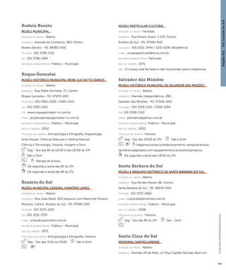 Região Sul : : Rio Grande do Sul 
GUIA DOS MUSEUS BRASILEIROS 
447 
Rodeio Bonito 
Museu Municipal 
situação do museu: Aberto. 
endereço: Avenida do Comércio, 463. Centro. 
Rodeio Bonito - RS. 98360-000 
telefone: (55) 3798-1155 
fax: (55) 3798-1184 
natureza administrativa: Público - Municipal. 
Roque Gonzales 
Museu Histórico Municipal Irene Zuchetto Ramos 
situação do museu: Aberto. 
endereço: Rua Padre Anchieta, 72. Centro. 
Roque Gonzales - RS. 97970-000 
telefones: (55) 3365-1000 / 3365-1233 
fax: (55) 3365-1262 
site: www.roquegonzales-rs.com.br 
e-mai l: projetos@roquegonzales-rs.com.br 
natureza administrativa: Público - Municipal. 
ano de criação: 2002. 
ti pologi a do acervo: Antropologia e Etnografia; Arqueologia; 
Artes Visuais; Ciências Naturais e História Natural; 
Ciência e Tecnologia; História; Imagem e Som. 
Seg - Sex das 8h às 11h30 e das 13h30 às 17h 
Sáb e Dom 
Rampa de acesso. 
De segunda a sexta das 8h às 17h. 
De segunda a sexta das 8h às 17h. 
Rosário do Sul 
Museu Municipal General Honório Lemes 
situação do museu: Aberto. 
endereço: Rua João Brasil, 803 (esquina com Marechal Floriano 
Peixoto). Centro. Rosário do Sul - RS. 97590-000 
telefone: (55) 3231-1292 
fax: (55) 3231-3797 
e-mai l: smec@rosulonline.com.br 
natureza administrativa: Público - Municipal. 
ano de criação: 1973. 
ti pologi a do acervo: Antropologia e Etnografia; História. 
Seg - Sex das 7h30 às 17h30 Sáb e Dom 
Museu Particular Cultural 
situação do museu: Fechado. 
endereço: Rua Amaro Souto, 2.574. Centro. 
Rosário do Sul - RS. 97590-000 
telefones: (55) 3231-2444 / 3231-6245 (Residência) 
e-mai l: museuparticular@terra.com.br 
natureza administrativa: Particular. 
ano de criação: 1975. 
obs.: O museu está fechado e não há previsão para a reabertura. 
Salvador das Missões 
Museu Histórico Municipal de Salvador das Missões 
situação do museu: Aberto. 
endereço: Avenida Independência, 280. 
Salvador das Missões - RS. 97940-000 
telefones: (55) 3358-1101 / 3358-1094 
fax: (55) 3358-1102 
e-mai l: pliniolenz@yahoo.com.br 
natureza administrativa: Público - Municipal. 
ano de criação: 2002. 
ti pologi a do acervo: História. 
Seg - Sex das 13h30 às 17h Sáb e Dom 
Vagas exclusivas no estacionamento; rampa de acesso; 
sanitários adaptados com equipamentos e acessórios próprios. 
De segunda a sexta das 13h30 às 17h. 
Santa Bárbara do Sul 
Museu e Arquivo Histórico de Santa Bárbara do Sul 
situação do museu: Aberto. 
endereço: Rua Alcides Neves, 86. Centro. 
Santa Bárbara do Sul - RS. 98240-000 
telefone: (55) 3372-2662 
e-mai l: culturasbs@comnet.com.br 
natureza administrativa: Público - Municipal. 
ano de criação: 2008. 
ti pologi a do acervo: História. 
Seg - Qui das 8h às 17h Sex - Dom 
Santa Clara do Sul 
Memorial Santaclarense 
situação do museu: Aberto. 
endereço: Avenida 28 de Maio, s/n Rua Capitão Nicolau Klein s/n. 
 