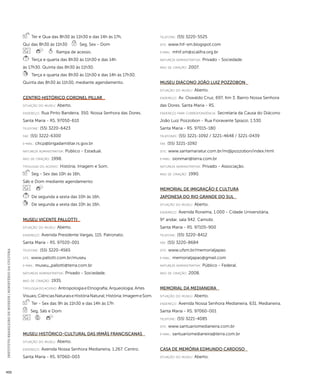 INSTITUTO BRASILEIRO DE MUSEUS | MINISTÉRIO DA CULTURA 450 
Ter e Qua das 8h30 às 11h30 e das 14h às 17h, 
Qui das 8h30 às 11h30 Seg, Sex - Dom 
Rampa de acesso. 
Terça e quarta das 8h30 às 11h30 e das 14h 
às 17h30. Quinta das 8h30 às 11h30. 
Terça e quarta das 8h30 às 11h30 e das 14h às 17h30. 
Quinta das 8h30 às 11h30, mediante agendamento. 
Centro Histórico Coronel Pillar 
situação do museu: Aberto. 
endereço: Rua Pinto Bandeira, 350. Nossa Senhora das Dores. 
Santa Maria - RS. 97050-610 
telefone: (55) 3220-6423 
fax: (55) 3222-6300 
e-mai l: chcp@brigadamilitar.rs.gov.br 
natureza administrativa: Público - Estadual. 
ano de criação: 1998. 
ti pologi a do acervo: História; Imagem e Som. 
Seg - Sex das 10h às 16h, 
Sáb e Dom mediante agendamento 
De segunda a sexta das 10h às 16h. 
De segunda a sexta das 10h às 16h. 
Museu Vicente Pallotti 
situação do museu: Aberto. 
endereço: Avenida Presidente Vargas, 115. Patronato. 
Santa Maria - RS. 97020-001 
telefone: (55) 3220-4565 
site: www.pallotti.com.br/museu 
e-mai l: museu_pallotti@terra.com.br 
natureza administrativa: Privado - Sociedade. 
ano de criação: 1935. 
ti pologi a do acervo: Antropologia e Etnografia; Arqueologia; Artes 
Visuais; Ciências Naturais e História Natural; História; Imagem e Som. 
Ter - Sex das 9h às 11h30 e das 14h às 17h 
Seg, Sáb e Dom 
Museu Histórico-Cultural das Irmãs Franciscanas 
situação do museu: Aberto. 
endereço: Avenida Nossa Senhora Medianeira, 1.267. Centro. 
Santa Maria - RS. 97060-003 
telefone: (55) 3220-5525 
site: www.hif-sm.blogspot.com 
e-mai l: mhif.sm@scalifra.org.br 
natureza administrativa: Privado - Sociedade. 
ano de criação: 2007. 
Museu diácono João Luiz Pozzobon 
situação do museu: Aberto. 
endereço: Av. Oswaldo Cruz, 697, Km 3. Bairro Nossa Senhora 
das Dores. Santa Maria - RS. 
endereço para correspondênci a: Secretaria da Causa do Diácono 
João Luiz Pozzobon - Rua Fioravante Spiazzi, 1.530. 
Santa Maria - RS. 97015-180 
telefones: (55) 3221-1092 / 3221-4648 / 3221-0439 
fax: (55) 3221-1092 
site: www.santamariatur.com.br/mdjlpozzobon/index.html 
e-mai l: sionmari@terra.com.br 
natureza administrativa: Privado - Associação. 
ano de criação: 1990. 
Memorial de Imigração e Cultura 
Japonesa do Rio Grande do Sul 
situação do museu: Aberto. 
endereço: Avenida Roraima, 1.000 - Cidade Universitária, 
9º andar, sala 942. Camobi. 
Santa Maria - RS. 97105-900 
telefone: (55) 3220-8412 
fax: (55) 3220-8684 
site: www.ufsm.br/memorialjapao 
e-mai l: memorialjapao@gmail.com 
natureza administrativa: Público - Federal. 
ano de criação: 2008. 
Memorial da Medianeira 
situação do museu: Aberto. 
endereço: Avenida Nossa Senhora Medianeira, 631. Medianeira. 
Santa Maria - RS. 97060-001 
telefone: (55) 3221-4085 
site: www.santuariomedianeira.com.br 
e-mai l: santuariomedianeira@terra.com.br 
Casa de Memória Edmundo Cardoso 
situação do museu: Aberto. 
 