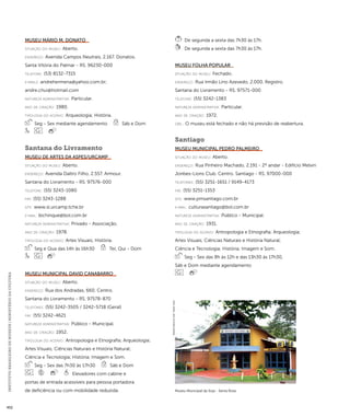 INSTITUTO BRASILEIRO DE MUSEUS | MINISTÉRIO DA CULTURA 452 
Museu Mário M. Donato 
situação do museu: Aberto. 
endereço: Avenida Campos Neutrais, 2.167. Donatos. 
Santa Vitória do Palmar - RS. 96230-000 
telefone: (53) 8132-7315 
e-mai ls: andrehermena@yahoo.com.br; 
andre.chui@hotmail.com 
natureza administrativa: Particular. 
ano de criação: 1980. 
ti pologi a do acervo: Arqueologia; História. 
Seg - Sex mediante agendamento Sáb e Dom 
Santana do Livramento 
Museu de Artes da ASPES/URCAMP 
situação do museu: Aberto. 
endereço: Avenida Daltro Filho, 2.557. Armour. 
Santana do Livramento - RS. 97576-000 
telefone: (55) 3243-1080 
fax: (55) 3243-1288 
site: www.sl.urcamp.tche.br 
e-mai l: bichinque@bol.com.br 
natureza administrativa: Privado - Associação. 
ano de criação: 1978. 
ti pologi a do acervo: Artes Visuais; História. 
Seg e Qua das 14h às 16h30 Ter, Qui - Dom 
Museu Municipal David Canabarro 
situação do museu: Aberto. 
endereço: Rua dos Andradas, 660. Centro. 
Santana do Livramento - RS. 97578-870 
telefones: (55) 3242-3505 / 3242-5718 (Geral) 
fax: (55) 3242-4621 
natureza administrativa: Público - Municipal. 
ano de criação: 1952. 
ti pologi a do acervo: Antropologia e Etnografia; Arqueologia; 
Artes Visuais; Ciências Naturais e História Natural; 
Ciência e Tecnologia; História; Imagem e Som. 
Seg - Sex das 7h30 às 17h30 Sáb e Dom 
Elevadores com cabine e 
portas de entrada acessíveis para pessoa portadora 
de deficiência ou com mobilidade reduzida. 
De segunda a sexta das 7h30 às 17h. 
De segunda a sexta das 7h30 às 17h. 
Museu Folha Popular 
situação do museu: Fechado. 
endereço: Rua Irmão Lino Azevedo, 2.000. Registro. 
Santana do Livramento - RS. 97571-000 
telefone: (55) 3242-1383 
natureza administrativa: Particular. 
ano de criação: 1972. 
obs.: O museu está fechado e não há previsão de reabertura. 
Santiago 
Museu Municipal Pedro Palmeiro 
situação do museu: Aberto. 
endereço: Rua Pinheiro Machado, 2.191 - 2º andar - Edifício Melvin 
Jonbes-Lions Club. Centro. Santiago - RS. 97000-000 
telefones: (55) 3251-1651 / 9149-4173 
fax: (55) 3251-1353 
site: www.pmsantiago.com.br 
e-mai l: culturasantiago@bol.com.br 
natureza administrativa: Público - Municipal. 
ano de criação: 1931. 
ti pologi a do acervo: Antropologia e Etnografia; Arqueologia; 
Artes Visuais; Ciências Naturais e História Natural; 
Ciência e Tecnologia; História; Imagem e Som. 
Seg - Sex das 8h às 12h e das 13h30 às 17h30, 
Sáb e Dom mediante agendamento 
Museu Municipal da Soja - Santa Rosa 
Imagem cedida ao CNM - IBRAM / MINC 
 