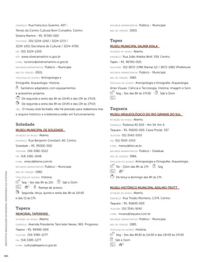 INSTITUTO BRASILEIRO DE MUSEUS | MINISTÉRIO DA CULTURA 460 
endereço: Rua Francisco Guerino, 407 - 
Térreo do Centro Cultural Bom Conselho. Centro. 
Silveira Martins - RS. 97195-000 
telefones: (55) 3224-1242 / 3224-1271 / 
3224-1431 (Secretaria de Cultura) / 3224-4700 
fax: (55) 3224-1200 
site: www.silveiramartins.rs.gov.br 
e-mai l: turismo@silveiramartins.rs.gov.br 
natureza administrativa: Público - Municipal. 
ano de criação: 2001. 
ti pologi a do acervo: Antropologia e 
Etnografia. Arqueologia. História. 
Sanitários adaptados com equipamentos 
e acessórios próprios. 
De segunda a sexta das 8h às 11h45 e das 13h às 17h15. 
De segunda a sexta das 8h às 11h45 e das 13h às 17h15. 
obs.: O museu está fechado, não há previsão para reabertura mas 
o arquivo histórico e a biblioteca estão em funcionamento. 
Soledade 
Museu Municipal de Soledade 
situação do museu: Aberto. 
endereço: Rua Benjamin Constant, 60. Centro. 
Soledade - RS. 99300-000 
telefone: (54) 3381-5522 
fax: (54) 3381-1648 
e-mai l: smecd@terra.com.br 
natureza administrativa: Público - Municipal. 
ano de criação: 1980. 
ti pologi a do acervo: História. 
Seg - Sex das 8h às 21h Sáb e Dom 
Rampa de acesso. 
Segunda, terça, quinta e sexta das 8h às 11h30 
e das 13 às 17h. 
Tapera 
Memorial Taperense 
situação do museu: Aberto. 
endereço: Avenida Presidente Tancredo Neves, 965. Progresso. 
Tapera - RS. 99490-000 
telefone: (54) 3385-1277 
fax: (54) 3385-1277 
e-mai l: cultura@tapera.rs.gov.br 
natureza administrativa: Público - Municipal. 
ano de criação: 2003. 
Tapes 
Museu Municipal Valmir Ayala 
situação do museu: Aberto. 
endereço: Rua João Ataliba Wolf, 559. Centro. 
Tapes - RS. 96760-000 
telefones: (51) 3672-1788 (Ramal 12) / 3672-1982 (Prefeitura) 
natureza administrativa: Público - Municipal. 
ano de criação: 1983. 
ti pologi a do acervo: Antropologia e Etnografia; Arqueologia; 
Artes Visuais; Ciência e Tecnologia; História; Imagem e Som. 
Seg - Sex das 8h às 17h30 Sáb e Dom 
Taquara 
Museu Arqueológico do Rio Grande do Sul 
situação do museu: Aberto. 
endereço: Rodovia RS 020 - Km 54. Km 4. 
Taquara - RS. 95600-000. Caixa Postal: 197 
telefone: (51) 3542-1553 
fax: (51) 3542-1553 
e-mai l: marsul@faccat.br 
natureza administrativa: Público - Estadual. 
ano de criação: 1966. 
ti pologi a do acervo: Antropologia e Etnografia; Arqueologia. 
Ter - Dom das 8h às 17h Seg 
De terça a domingo das 8h às 17h. 
Museu Histórico Municipal Adelmo Trott 
situação do museu: Aberto. 
endereço: Rua Tristão Monteiro, 1.574. Centro. 
Taquara - RS. 95600-000 
telefone: (51) 3541-9242 
e-mai l: museu@taquara.com.br 
natureza administrativa: Público - Municipal. 
ano de criação: 1985. 
ti pologi a do acervo: História. 
Seg - Sex das 8h30 às 11h30 e das 13h30 às 17h30 
Sáb e Dom 
 