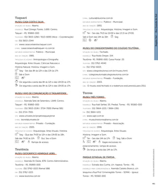 Região Sul : : Rio Grande do Sul 
GUIA DOS MUSEUS BRASILEIROS 
461 
Taquari 
Museu Casa Costa e Silva 
situação do museu: Aberto. 
endereço: Rua Cônego Tostes, 1.690. Centro. 
Taquari - RS. 95860-000 
telefones: (51) 3653-1266 / 9113-6690 (Alice - Coordenação) 
fax: (51) 3653-2344 
site: www.casacostaesilva.taquari.com 
e-mai l: casacostaesilva@taquari-rs.com.br 
natureza administrativa: Público - Municipal. 
ano de criação: 1985. 
ti pologi a do acervo: Antropologia e Etnografia; 
Arqueologia; Artes Visuais; Ciências Naturais e 
História Natural; História; Imagem e Som. 
Seg - Sex das 8h às 12h e das 13h às 17h 
Sáb e Dom 
De segunda a sexta das 8h às 12h e das 13h30 às 17h. 
De segunda a sexta das 8h às 12h e das 13h30 às 17h. 
Museu-Vivo de Comunicação O Taquaryense 
situação do museu: Aberto. 
endereço: Avenida Sete de Setembro, 1.849. Centro. 
Taquari - RS. 95860-000 
telefones: (51) 3653-1536 / 3714-7000 (Ramal 581) 
fax: (51) 3714-7001 
site: www.univates.br/projetotaquaryense 
e-mai l: leonel@univates.br 
natureza administrativa: Privado - Fundação. 
ano de criação: 2005. 
ti pologi a do acervo: Arqueologia; Artes Visuais; História. 
Seg - Qua das 7h30 às 12h e das 13h30 às 18h, 
Sáb das 7h30 às 12h Qui, Sex e Dom 
Rampa de acesso. 
Teutônia 
Museu Geográfico Henrique Uebel 
situação do museu: Aberto. 
endereço: Avenida 01 Oeste, 878. Centro Administrativo. 
Teutônia - RS. 95890-000 
telefone: (51) 3762-1022 (Ramal 188) 
fax: (51) 3762-1015 
site: www.teutonia.com.br 
e-mai l: cultura@teutonia.com.br 
natureza administrativa: Público - Municipal. 
ano de criação: 1993. 
ti pologi a do acervo: Arqueologia; História; Imagem e Som. 
Ter - Sex das 7h15 às 11h30 e das 13:15 às 17h30, 
Sáb e Dom das 14h às 16h Seg 
Museu do Cinqüentenário do Colégio Teutônia 
situação do museu: Fechado. 
endereço: Rua Asido Dreyer, 154. 
Teutônia- RS. 95890-000. Caixa Postal: 20 
telefone: (51) 3762-4040 
fax: (51) 3762-6025 
site: www.colegioteutonia.com.br/museu.html 
e-mai l: colegioteutonia@colegioteutonia.com.br 
natureza administrativa: Privado - Fundação. 
ano de criação: 2003. 
obs.: O museu está fechado e a reabertura está prevista para 2011. 
Torres 
Museu Três Torres 
situação do museu: Aberto. 
endereço: Rua Kalil Sehbe, 05. Predial. Torres - RS. 95560-000 
telefones: (51) 3664-1221 / 3664-1361 
fax: (51) 3664-1221 
site: www.sapt.com.br 
e-mai l: museutrestorres@terra.com.br 
natureza administrativa: Privado - Associação. 
ano de criação: 1996. 
ti pologi a do acervo: Arqueologia; Artes Visuais; 
História; Imagem e Som. 
Ter - Sex das 14h às 17h Seg, Sáb e Dom 
Vagas exclusivas no 
estacionamento; rampa de acesso. 
De terça a sexta das 14h às 17h. 
Parque Estadual de Itapeva 
situação do museu: Aberto. 
endereço: Estrada dos Cunha, s/n. Itapeva. Torres - RS. 
endereço para correspondênci a: Avenida Castelo Branco, s/n 
(esquina a Rua Prof. Ermenegildo Torres - SEMA) - Igrasul. 
Torres - RS. 95560-000 
 