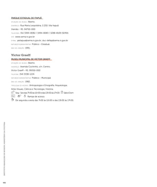 INSTITUTO BRASILEIRO DE MUSEUS | MINISTÉRIO DA CULTURA 466 
Parque Estadual de Itapuã 
situação do museu: Aberto. 
endereço: Rua Maria Leopoldina, 2.250. Vila Itapuã. 
Viamão - RS. 94750-000 
telefones: (51) 3494-8082 / 3494-8083 / 3288-8109 (SEMA) 
site: www.sema.rs.gov.br 
e-mai l: peitapua@sema.rs.gov.br; duc-defap@sema.rs.gov.br 
natureza administrativa: Público - Estadual. 
ano de criação: 1991. 
Victor Graeff 
Museu Municipal de Victor Graeff 
situação do museu: Aberto. 
endereço: Avenida Cochinho, s/n. Centro. 
Victor Graeff - RS. 99350-000 
telefone: (54) 3338-1224 
natureza administrativa: Público - Municipal. 
ano de criação: 1982. 
ti pologi a do acervo: Antropologia e Etnografia; Arqueologia; 
Artes Visuais; Ciência e Tecnologia; História. 
Seg - Sex das 7h30 às 11h30 e das 13h30 às 17h30 Sáb e Dom 
Rampa de acesso. 
De segunda a sexta das 7h30 às 11h30 e das 13h30 às 17h30. 
 
