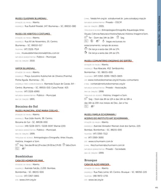 Região Sul : : Santa Catarina 
GUIA DOS MUSEUS BRASILEIROS 
471 
Museu Glaspark Blumenau 
situação do museu: Aberto. 
endereço: Rua Rudolf Roedel, 147. Blumenau - SC. 89032-080 
Museu de Hábitos e Costumes 
situação do museu: Aberto. 
endereço: Rua XV de Novembro, 25. Centro. 
Blumenau - SC. 89010-017 
telefone: (47) 3326-7514 
e-mai l: museudafamiliacolonial@fcblu.com.br 
natureza administrativa: Público - Municipal. 
ano de criação: 2010. 
Vapor Blumenau 
situação do museu: Aberto. 
endereço: Praça Juscelino Kubitschek de Oliveira (Prainha). 
Ponta Aguda. Blumenau - SC. 
endereço para correspondênci a: Alameda Duque de Caxias, 64 - 
Centro. Blumenau - SC. 89015-010. Caixa Postal: 425 
telefone: (47) 3326-6990 
natureza administrativa: Público - Municipal. 
ano de criação: 1895. 
Bocaina do Sul 
Museu Municipal José Maria Coelho 
situação do museu: Aberto. 
endereço: Rua João Assink, 38. Centro. 
Bocaina do Sul - SC. 88538-000 
telefones: (49) 3228-0071 / 3228-0047 (Ramal 220) 
natureza administrativa: Público - Municipal. 
ano de criação: 1999. 
ti pologi a do acervo: Antropologia e Etnografia; Artes Visuais; 
História; Imagem e Som. 
Seg - Sex das 8h às 12h e das 13h30 às 17h30 Sáb e Dom 
Bombinhas 
Casa do Homem do Mar 
situação do museu: Aberto. 
endereço: Avenida Falcão, 2.200. Bombas. 
Bombinhas - SC. 88215-000 
telefone: (47) 3367-0801 
site: www.chm.org.br 
e-mai l: fale@chm.org.br; soto@univali.br; jules.soto@pq.cnpq.br 
natureza administrativa: Privado - OSCIP. 
ano de criação: 2005. 
ti pologi a do acervo: Antropologia e Etnografia; Arqueologia; Artes 
Visuais; Ciências Naturais e História Natural; História; Imagem e Som. 
Ter - Dom das 14h às 18h Seg 
Vagas exclusivas no 
estacionamento; rampa de acesso. 
De terça a sexta das 14h às 17h. 
De terça a sexta das 14h às 17h. 
Museu Comunitário Engenho do Sertão 
situação do museu: Aberto. 
endereço: Rua Abacate, 452. Sertãozinho. 
Bombinhas - SC. 88215-000 
telefones: (47) 3393-3099 / 9923-0835 
site: www.institutoboimamao.org.br/museu-comunitario 
e-mai l: contato@institutoboimamao.org.br 
natureza administrativa: Privado - Associação. 
ano de criação: 1998. 
ti pologi a do acervo: História; Imagem e Som. 
Seg - Dom das 8h às 12h e das 14h às 18h e 
das 16h às 20h nos meses de Dez, Jan e Fev 
Museu Família Schürmann / 
Acervo do Instituto Kat Schürmann 
situação do museu: Aberto. 
endereço: Avenida Vereador Manoel José dos Santos, 220. 
Bombas. Bombinhas - SC. 88215-000 
telefone: (47) 3393-7112 
fax: (47) 3369-3690 
site: www.schurmann.com.br 
e-mai l: ifeschurmann@schurmann.com.br 
natureza administrativa: Privado - Sociedade. 
ano de criação: 1999. 
Brusque 
Casa de Aldo Krieger 
situação do museu: Aberto. 
endereço: Rua Paes Leme, 63. Centro. Brusque - SC. 88350-220 
telefone: (48) 9972-1735 
site: www.iak.org.br 
 