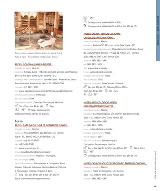 Região Sul : : Santa Catarina 
GUIA DOS MUSEUS BRASILEIROS 
481 
Museu Colonial Família Águida 
situação do museu: Aberto. 
endereço: Estrada Geral - Ribeirão do Salto (acesso pela Rodovia 
BR 470, Km 127). Zona Rural. Ibirama - SC. 
endereço para correspondênci a: Estrada Geral - Ribeirão do Salto - 
Bairro Ibirama. Ribeirão do Salto - SC. 89140-000 
telefone: (47) 8811-3263 
site: www.valedeaventuras.com.br/familiaaguida/index.htm 
natureza administrativa: Particular. 
ano de criação: 1999. 
ti pologi a do acervo: Ciência e Tecnologia; História. 
Ter - Dom das 8h às 14h Seg 
Vagas exclusivas no 
estacionamento; rampa de acesso. 
Içara 
Museu Casa da Cultura Pe. Bernardo Junkes 
situação do museu: Aberto. 
endereço: Praça da Matriz São Donato, s/n. Centro. 
Içara - SC. 88820-000. Caixa Postal: 120 
telefone: (48) 3432-5847 
fax: (48) 3431-3500 
site: www.icara.sc.gov.br 
e-mai l: casadacultura@icara.sc.gov.br 
natureza administrativa: Público - Municipal. 
ano de criação: 1986. 
ti pologi a do acervo: Antropologia e Etnografia; Artes 
Visuais; Ciências Naturais e História Natural; Ciência 
e Tecnologia; História; Imagem e Som. 
Seg - Sex das 8h às 12h e das 13h às 17h 
Sáb e Dom mediante agendamento 
De segunda a sexta das 8h às 17h. 
De segunda a sexta das 8h às 12h e das 13h às 17h. 
Museu Sacro / Espaço Cultural 
Capela de Santo Antônio 
situação do museu: Aberto. 
endereço: Rodovia SC 443, s/n. Linha Anta. Içara - SC. 
endereço para correspondênci a: Departamento de Cultura Casa 
de Cultura Padre Bernard - Praça da Matriz, s/n - Centro. 
Içara. 88820-000. Caixa Postal: 120 
telefone: (48) 3432-5847 
fax: (48) 3431-3502 
site: www.icara.sc.gov.br 
e-mai l: cultura@icara.sc.gov.br 
natureza administrativa: Mista. 
ano de criação: 2001. 
ti pologi a do acervo: Artes Visuais; História. 
Seg das 13h às 17h, Sáb das 18h às 20h e 
Dom das 8h às 10h Ter - Sex 
Museu Arqueológico Nossa 
Senhora dos Navegantes 
situação do museu: Aberto. 
endereço: Rua Florianópolis, s/n. Distrito Balneário Rincão. 
Içara - SC. 88820-000. Caixa Postal: 114 
telefone: (48) 9614-5893 
fax: (48) 3431-3500 
e-mai l: cultura@icara.sc.gov.br 
natureza administrativa: Mista. 
ano de criação: 1997. 
ti pologi a do acervo: Antropologia e 
Etnografia; Arqueologia; História. 
Seg - Sex das 8h às 12h e das 13h às 17h Sáb e Dom 
De segunda a sexta das 8h às 12h e das 13h às 17h. 
Museu Casa do Agente Ferroviário Anselmo Cargnin 
situação do museu: Aberto. 
endereço: Praça do Imigrante, s/n. Centro. 
Içara - SC. 88820-000. Caixa Postal: 120 
telefone: (48) 3432-5847 
Acervo histórico educativo (chaleira de ferro em fogo de chão e 
fogão de barro) - Museu Colonial Família Águida - Ibirama 
Imagem cedida ao CNM - IBRAM / MINC 
 