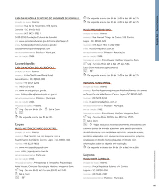 Região Sul : : Santa Catarina 
GUIA DOS MUSEUS BRASILEIROS 
487 
Casa da Memória e Cemitério do Imigrante de Joinville 
situação do museu: Aberto. 
endereço: Rua XV de Novembro, 978. Glória. 
Joinville - SC. 89201-602 
telefones: (47) 3433-3732 / 
3433-2190 (Fundação Cultural de Joinville) 
site: www.joinvillecultural.sc.gov.br/home.php?page=9 
e-mai l: fundacao@joinvillecultural.sc.gov.br; 
casadamemoriajoinville@gmail.com 
natureza administrativa: Público - Municipal. 
ano de criação: 1984. 
Lacerdópolis 
Casa da Memória de Lacerdópolis 
situação do museu: Aberto. 
endereço: Linha São Roque (Zona Rural). 
Lacerdópolis - SC. 89660-000 
telefone: (49) 3552-0206 
fax: (49) 3552-0206 
site: www.lacerdopolis.sc.gov.br 
e-mai l: bibliopublica@lacerdopolis.sc.gov.br 
natureza administrativa: Público - Municipal. 
ano de criação: 2001. 
ti pologi a do acervo: História. 
Seg - Sex das 8h às 17h Sáb e Dom 
De segunda a sexta das 8h às 18h. 
Lages 
Museu Histórico Thiago de Castro 
situação do museu: Aberto. 
endereço: Rua Hercílio Luz, s/n (esquina com a 
Rua Benjamin Constant). Centro. Lages - SC. 88501-010 
telefone: (49) 3222-7603 
site: www.mtclages.blogspot.com 
e-mai l: mhtc_lages@yahoo.com.br 
natureza administrativa: Particular. 
ano de criação: 1960. 
ti pologi a do acervo: Antropologia e Etnografia; Arqueologia; 
Artes Visuais; Ciência e Tecnologia; História; Imagem e Som. 
Seg - Sex das 8h30 às 12h e das 13h30 às 17h30 
Sáb e Dom 
De segunda a sexta das 9h às 11h30 e das 14h às 17h. 
De segunda a sexta das 9h às 11h30 e das 14h às 17h. 
Museu Malinverni Filho 
situação do museu: Aberto. 
endereço: Rua Manoel Thiago de Castro, 109. Centro. 
Lages - SC. 88501-020 
telefones: (49) 3222-7831 / 3222-0897 
e-mai l: museumf@yahoo.com.br 
natureza administrativa: Privado - Associação. 
ano de criação: 1986. 
ti pologi a do acervo: Artes Visuais; História; Imagem e Som. 
Seg - Sex das 9h às 12h e das 14h às 17h30, 
Sáb e Dom mediante agendamento 
De segunda a sexta das 9h às 11h30 e das 14h às 17h. 
Memorial Nereu Ramos 
situação do museu: Aberto. 
endereço: Rua Frei Rogério esquina com Aristiliano Ramos, s/n - anexo 
ao Grupo Escolar Vidal Ramos. Centro. Lages - SC. 88500-000 
telefone: (49) 3223-5410 
e-mai l: m.apolinaria@yahoo.com.br 
natureza administrativa: Público - Municipal. 
ano de criação: 1992. 
ti pologi a do acervo: Artes Visuais; História; Imagem e Som. 
Seg - Sex das 8h às 11h50 e das 13h15 às 17h15 
Sáb e Dom 
Vagas exclusivas no estacionamento; elevadores com 
cabine e portas de entrada acessíveis para pessoa portadora 
de deficiência ou com mobilidade reduzida; rampa de acesso; 
sanitários adaptados com equipamentos e acessórios próprios; 
sinalização em Braille; textos/etiquetas em Braille com 
informações sobre os objetos em exposição. 
De segunda a sábado das 8h às 12h e das 14h às 18h. 
Laguna 
Museu Anita Garibaldi 
situação do museu: Aberto. 
endereço: Praça República Juliana, s/n. Centro. 
Laguna - SC. 88790-000 
telefone: (48) 3644-4947 
natureza administrativa: Público - Municipal. 
 