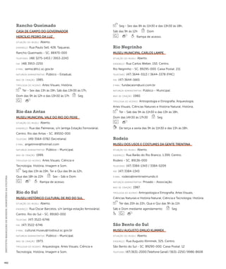 INSTITUTO BRASILEIRO DE MUSEUS | MINISTÉRIO DA CULTURA 492 
Rancho Queimado 
Casa de Campo do Governador 
Hercílio Pedro da Luz 
situação do museu: Aberto. 
endereço: Rua Paulo Sell, 428. Taquaras. 
Rancho Queimado - SC. 88470-000 
telefones: (48) 3275-1453 / 3953-2243 
fax: (48) 3953-2255 
e-mai l: semsc@fcc.sc.gov.br 
natureza administrativa: Público - Estadual. 
ano de criação: 1985. 
ti pologi a do acervo: Artes Visuais; História. 
Ter - Sex das 13h às 19h, Sáb das 13h30 às 17h, 
Dom das 9h às 12h e das 13h30 às 17h Seg 
Rio das Antas 
Museu Municipal Vale do Rio do Peixe 
situação do museu: Aberto. 
endereço: Rua das Palmeiras, s/n (antiga Estação Ferroviária). 
Centro. Rio das Antas - SC. 89550-000 
telefone: (49) 3564-0782 (Secretaria) 
e-mai l: angelmrer@hotmail.com 
natureza administrativa: Público - Municipal. 
ano de criação: 1999. 
ti pologi a do acervo: Artes Visuais; Ciência e 
Tecnologia; História; Imagem e Som. 
Seg das 13h às 19h, Ter e Qui das 8h às 12h, 
Qua das 18h às 22h Sex - Sáb e Dom 
Rampa de acesso. 
Rio do Sul 
Museu Histórico Cultural de Rio do Sul 
situação do museu: Aberto. 
endereço: Rua Oscar Barcelos, s/n (antiga estação ferroviária). 
Centro. Rio do Sul - SC. 89160-000 
telefone: (47) 3522-6746 
fax: (47) 3522-6746 
e-mai l: cultural.museu@riodosul.sc.gov.br 
natureza administrativa: Público - Municipal. 
ano de criação: 1973. 
ti pologi a do acervo: Arqueologia; Artes Visuais; Ciência e 
Tecnologia; História; Imagem e Som. 
Seg - Sex das 8h às 11h30 e das 13h30 às 18h, 
Sáb das 9h às 12h Dom 
Rampa de acesso. 
Rio Negrinho 
Museu Municipal Carlos Lampe 
situação do museu: Aberto. 
endereço: Rua Carlos Weber, 150. Centro. 
Rio Negrinho - SC. 89295-000. Caixa Postal: 211 
telefones: (47) 3644-5513 / 3644-3378 (FMC) 
fax: (47) 3644-1665 
e-mai l: fundacaorn@uol.com.br 
natureza administrativa: Público - Municipal. 
ano de criação: 1980. 
ti pologi a do acervo: Antropologia e Etnografia; Arqueologia; 
Artes Visuais; Ciências Naturais e História Natural; História. 
Ter - Sáb das 9h às 11h30 e das 13h às 18h, 
Dom das 14h30 às 17h30 Seg 
De terça a sexta das 9h às 11h30 e das 13h às 18h. 
Rodeio 
Museu dos Usos e Costumes da Gente Trentina 
situação do museu: Aberto. 
endereço: Rua Barão do Rio Branco, 1.399. Centro. 
Rodeio - SC. 89136-000 
telefones: (47) 3384-1343 / 3384-0209 
fax: (47) 3384-1343 
e-mai l: rodeio@trentinielmundo.it 
natureza administrativa: Privado - Associação. 
ano de criação: 1987. 
ti pologi a do acervo: Antropologia e Etnografia; Artes Visuais; 
Ciências Naturais e História Natural; Ciência e Tecnologia; História. 
Ter das 20h às 22h, Qua e Qui das 9h às 11h 
Sáb e Dom mediante agendamento Seg 
São Bento do Sul 
Museu Augusto Emilio Klimmek 
situação do museu: Aberto. 
endereço: Rua Augusto Klimmek, 325. Centro. 
São Bento do Sul - SC. 89290-000. Caixa Postal: 12 
telefones: (47) 3631-2000 (Telefone Geral) / 3631-2250 / 9986-8608 
 
