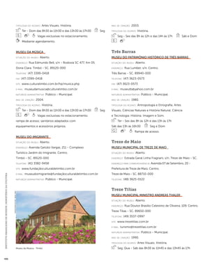 INSTITUTO BRASILEIRO DE MUSEUS | MINISTÉRIO DA CULTURA 496 
ti pologi a do acervo: Artes Visuais; História. 
Ter - Dom das 8h30 às 11h30 e das 13h30 às 17h30 Seg 
Vagas exclusivas no estacionamento. 
Mediante agendamento. 
Museu da Música 
situação do museu: Aberto. 
endereço: Rua Edmundo Bell, s/n - Rodovia SC 477, Km 05. 
Dona Clara. Timbó - SC. 89120-000 
telefone: (47) 3399-0418 
fax: (47) 3399-0418 
site: www.culturatimbo.com.br/hp/musica.php 
e-mai l: museudamusica@culturatimbo.com.br 
natureza administrativa: Público - Municipal. 
ano de criação: 2004. 
ti pologi a do acervo: História. 
Ter - Dom das 8h30 às 11h30 e das 13h30 às 17h30 Seg 
Vagas exclusivas no estacionamento; 
rampa de acesso; sanitários adaptados com 
equipamentos e acessórios próprios. 
Museu do Imigrante 
situação do museu: Aberto. 
endereço: Avenida Getúlio Vargas, 211 - Complexo 
Turístico Jardim do Imigrante. Centro. 
Timbó - SC. 89120-000 
telefone: (41) 3382-9458 
site: www.fundaçãoculturaldetimbo.com.br 
e-mai l: museudoimigrante@fundaçãoculturaldetimbo.com.br 
natureza administrativa: Público - Municipal. 
ano de criação: 2003. 
ti pologi a do acervo: História. 
Seg - Sex das 8h às 12h e das 14h às 17h Sáb e Dom 
Três Barras 
Museu do Patrimônio Histórico de Três Barras 
situação do museu: Aberto. 
endereço: Rua Lumber, s/n. Centro. 
Três Barras - SC. 89940-000 
telefone: (47) 3623-0573 
fax: (47) 3623-0573 
e-mai l: museutb@yahoo.com.br 
natureza administrativa: Público - Municipal. 
ano de criação: 1980. 
ti pologi a do acervo: Antropologia e Etnografia; Artes 
Visuais; Ciências Naturais e História Natural; Ciência 
e Tecnologia; História; Imagem e Som. 
Ter - Sex das 8h às 12h e das 13h às 17h 
Sáb das 13h às 16h30 Seg e Dom 
Rampa de acesso. 
Treze de Maio 
Museu Municipal de Treze de Maio 
situação do museu: Aberto. 
endereço: Estrada Geral Linha Fragnani, s/n. Treze de Maio - SC. 
endereço para correspondênci a: Avenida 07 de Setembro, 20 - 
Prefeitura de Treze de Maio. Centro. 
Treze de Maio - SC. 88710-000 
telefone: (48) 3625-0122 
Treze Tílias 
Museu Municipal Ministro Andreas Thaler 
situação do museu: Aberto. 
endereço: Rua Doutor Brasílio Celestino de Oliveira, 109. Centro. 
Treze Tílias - SC. 89650-000 
telefone: (49) 3537-0997 
site: www.trezetilias.com.br 
e-mai l: turismo@trezetilias.com.br 
natureza administrativa: Público - Municipal. 
ano de criação: 1990. 
ti pologi a do acervo: Artes Visuais; História. 
Museu da Música - Timbó Seg, Qua - Sáb das 8h30 às 11h45 e das 13h45 às 17h 
Imagem cedida ao CNM - IBRAM / MINC 
 